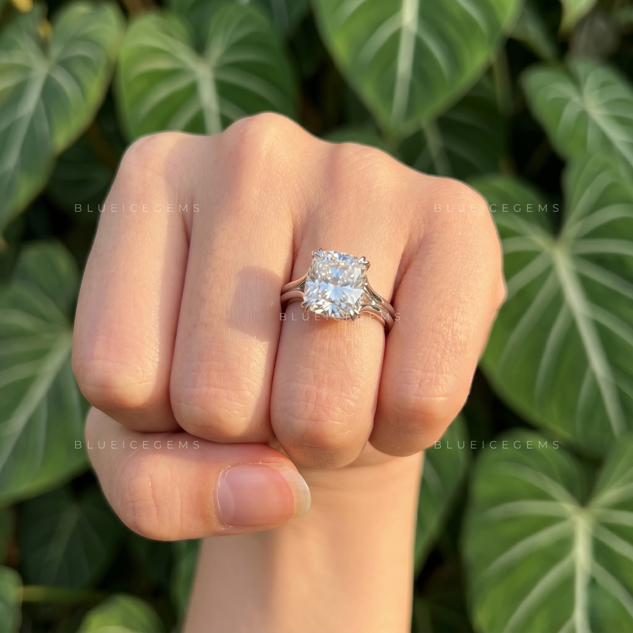 Velvet Radiance Cushion Cut Split Shank Trellis Engagement Ring