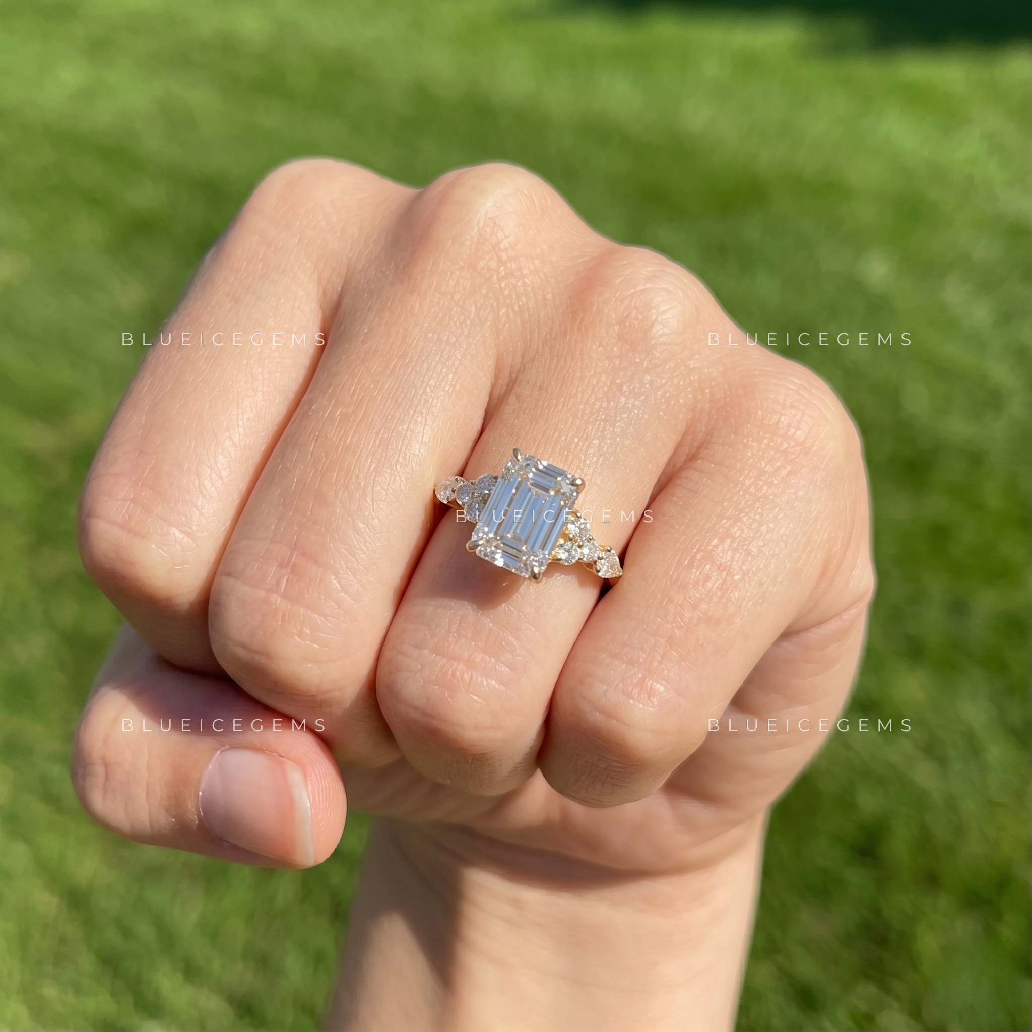 Regal Horizon Emerald Cut Cluster Engagement Ring
