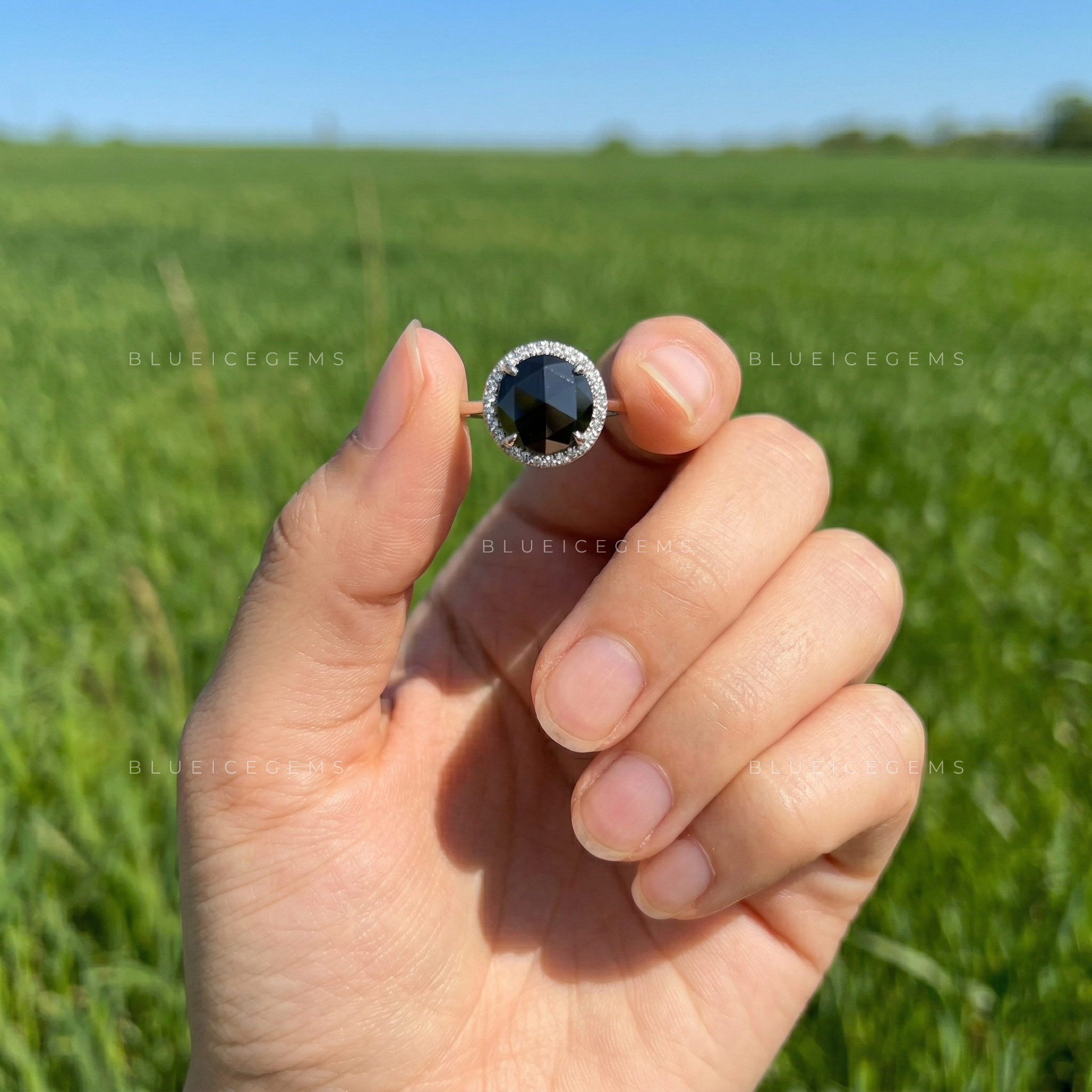Midnight Noir Round Rose Cut Black Diamond Hidden Halo Ring
