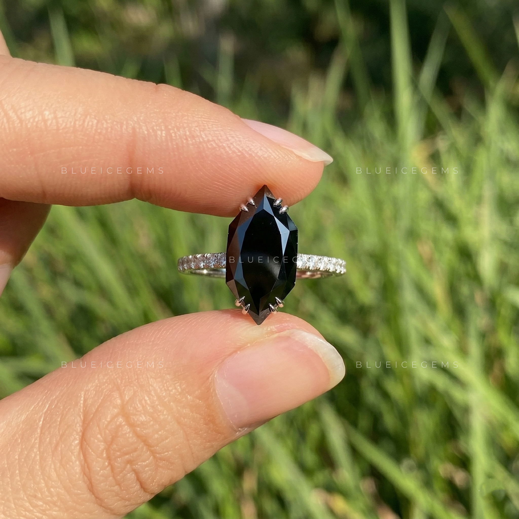 Midnight Noir Dutch Marquise Black Diamond Hidden Halo Ring
