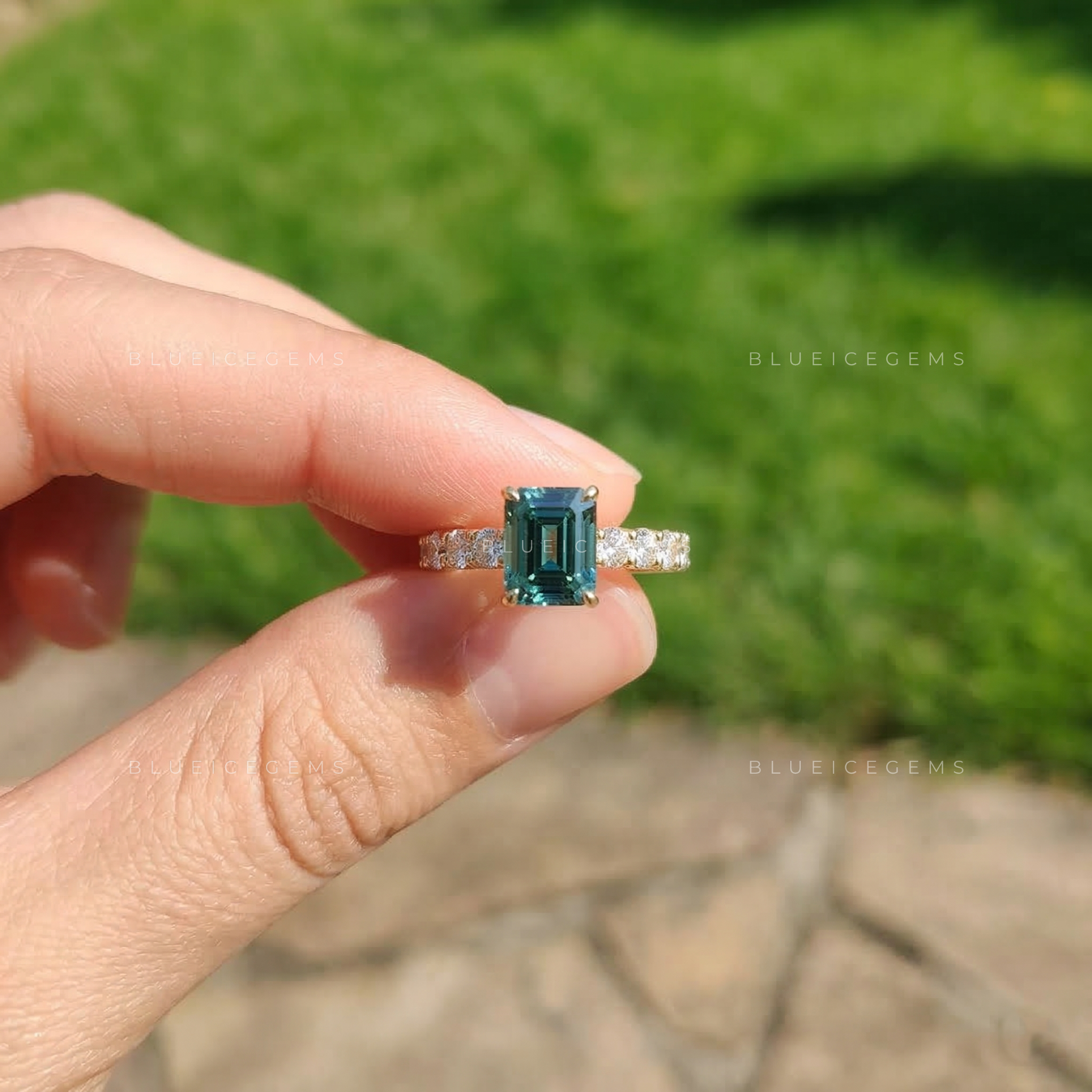 Azure Horizon Emerald Cut Cyan Blue Trilogy Ring