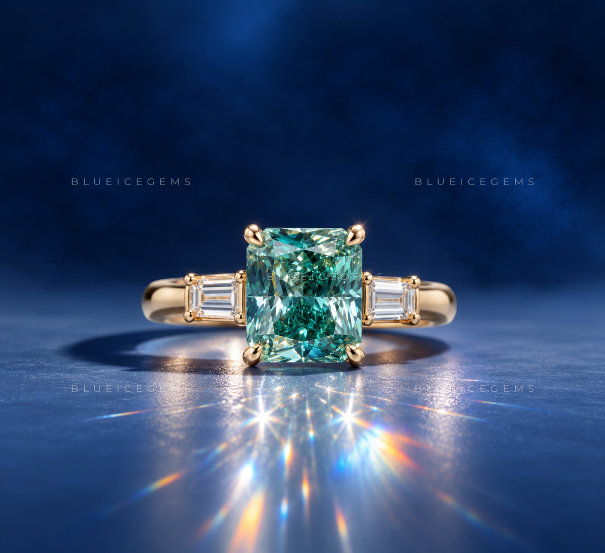 Cerulean Sky Elongated Cushion Tapered Baguette Ring