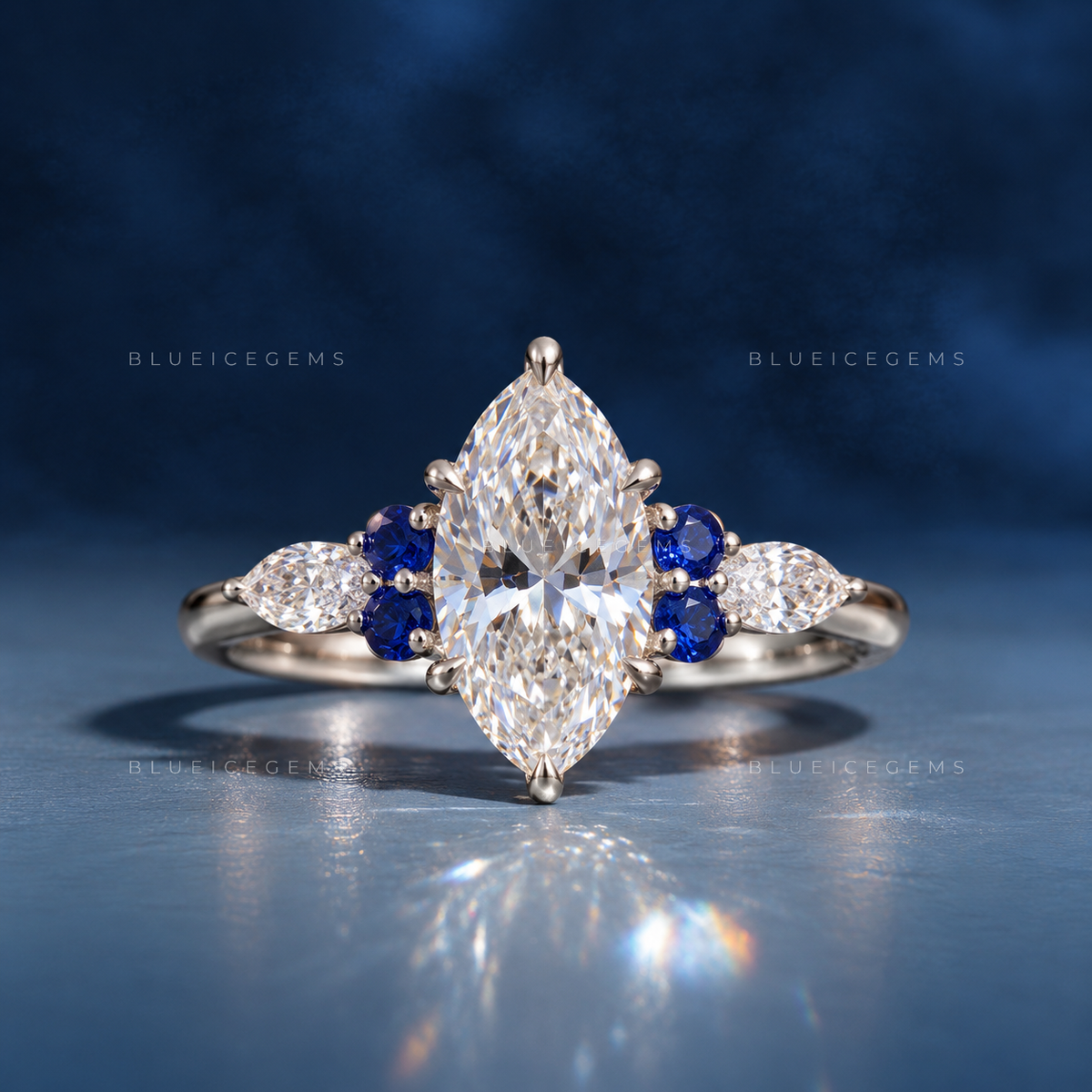 Royal Blossom Marquise Cut Sapphire Accent Engagement Ring