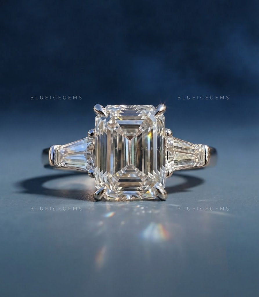 Classic Grace Emerald Cut Three Stone Engagement Ring
