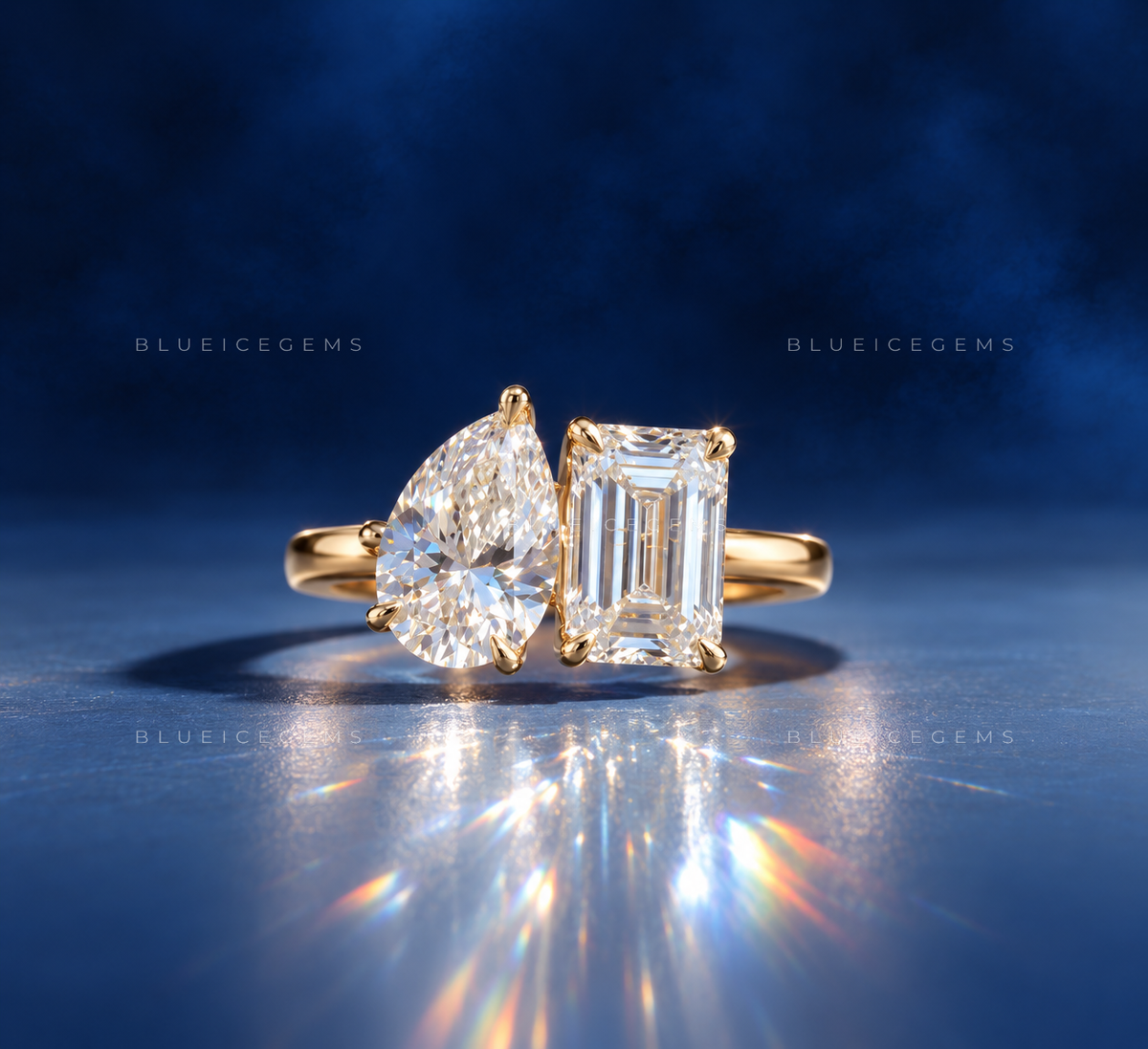 Celestial Tear Pear and Emerald Cut Trilogy Ring