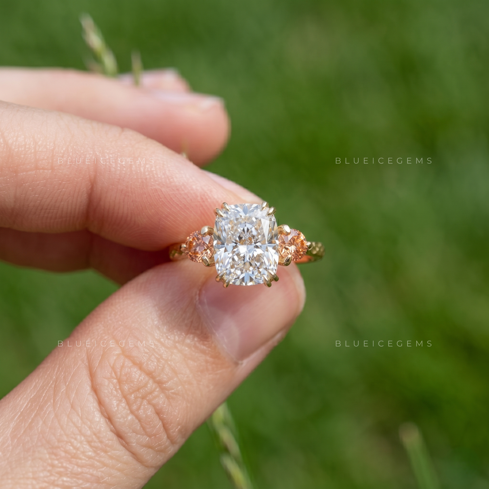 Enchanted Romance Cushion Cut Trilogy Side Peach Morganite Engagement Ring