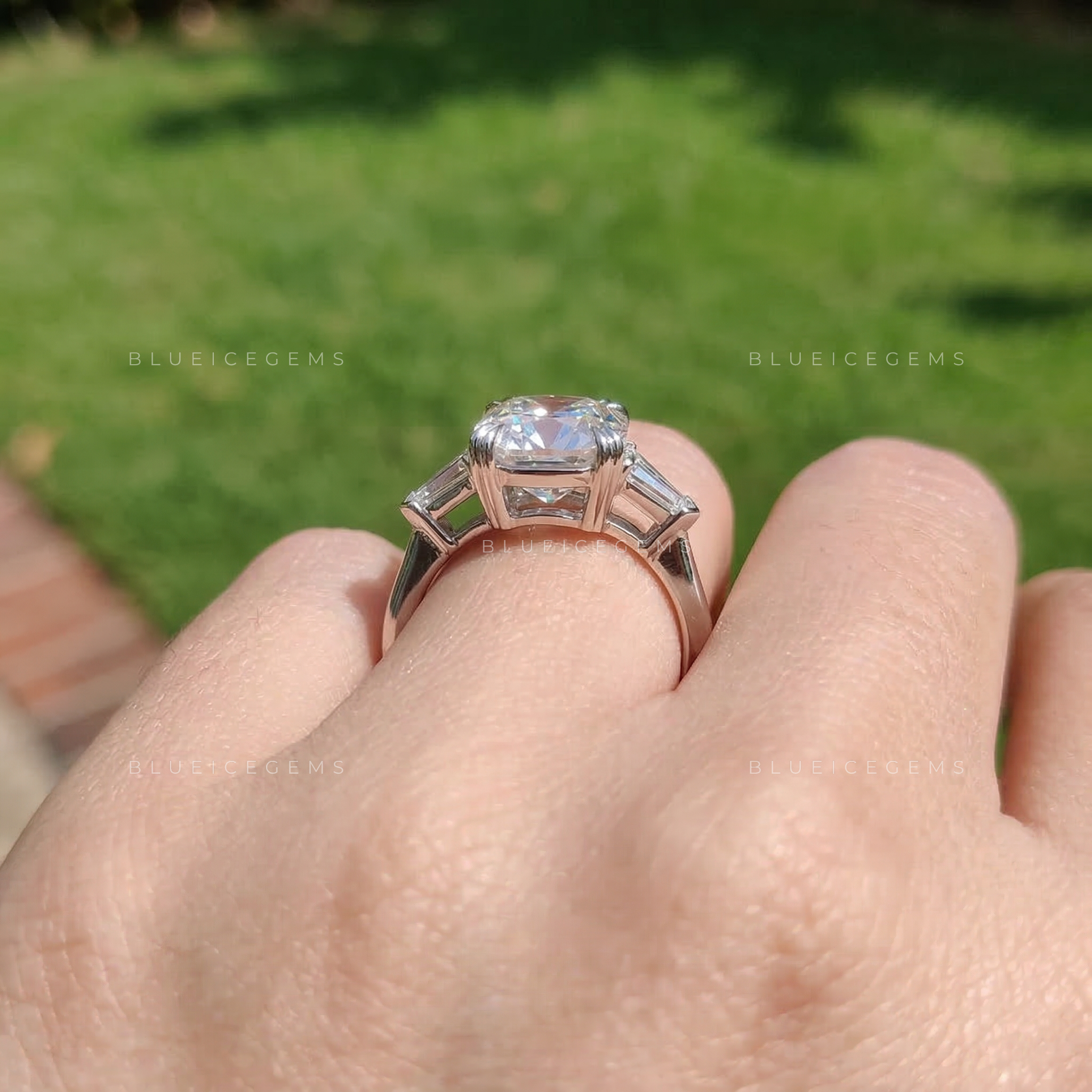 Antique Luster Cushion Old European Bullet Three Stone Ring