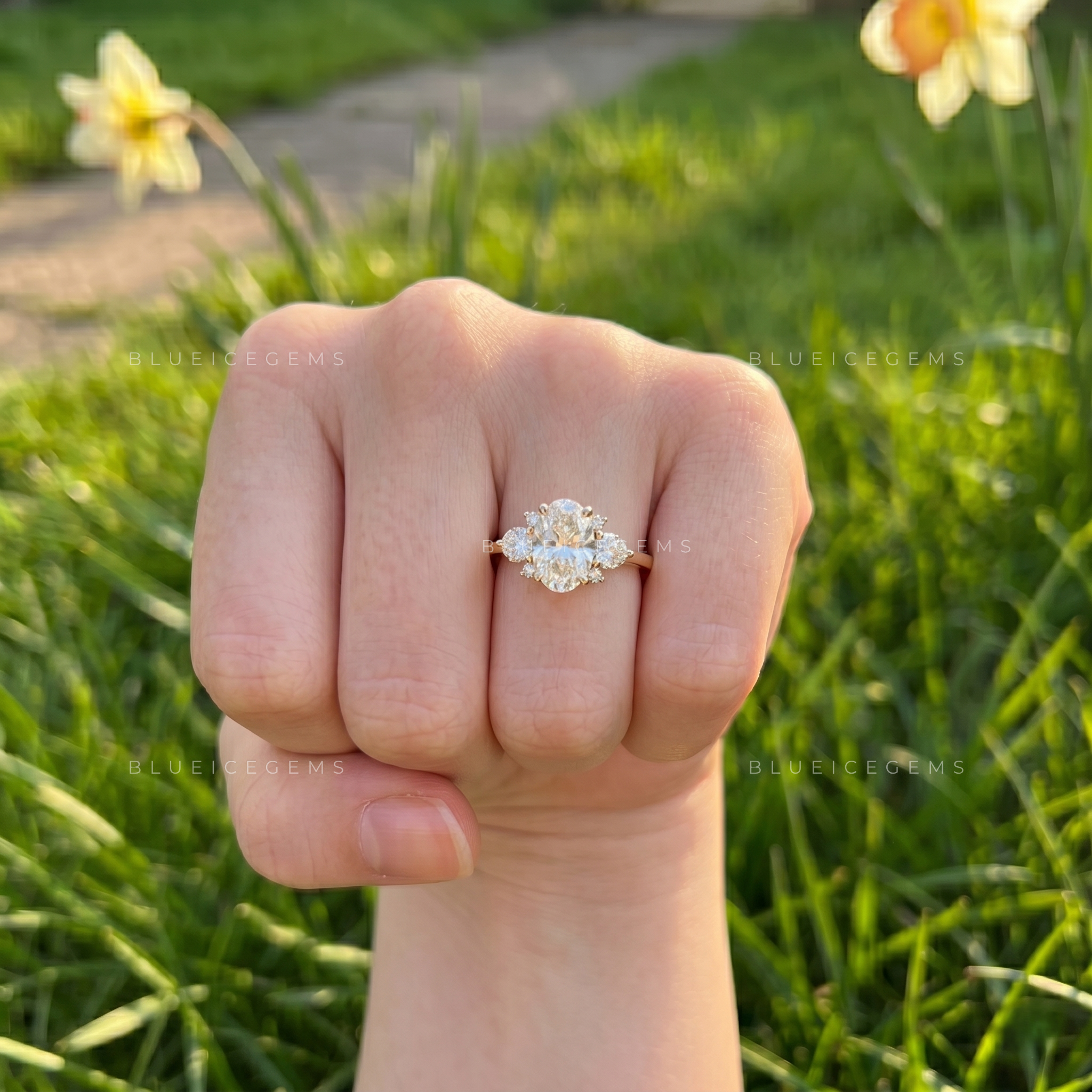 Graceful Harmony Oval Cut with Round Accent Side Stones Engagement Ring