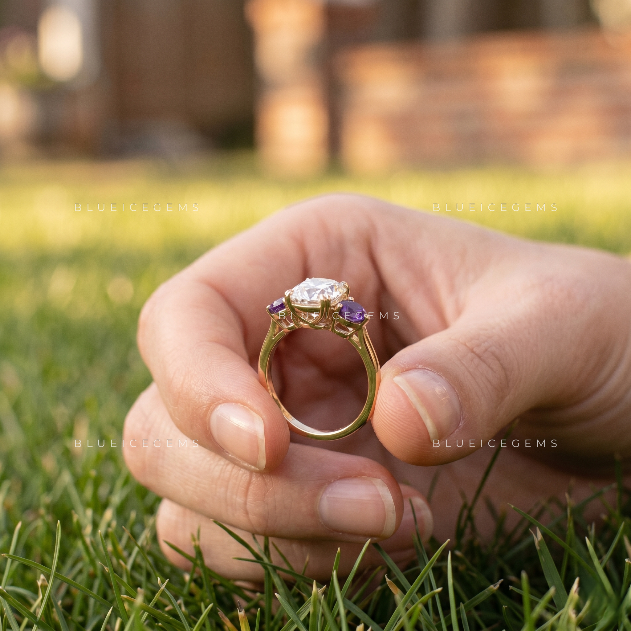 Velvet Harmony Cushion Cut Amethyst Accent Engagement Ring