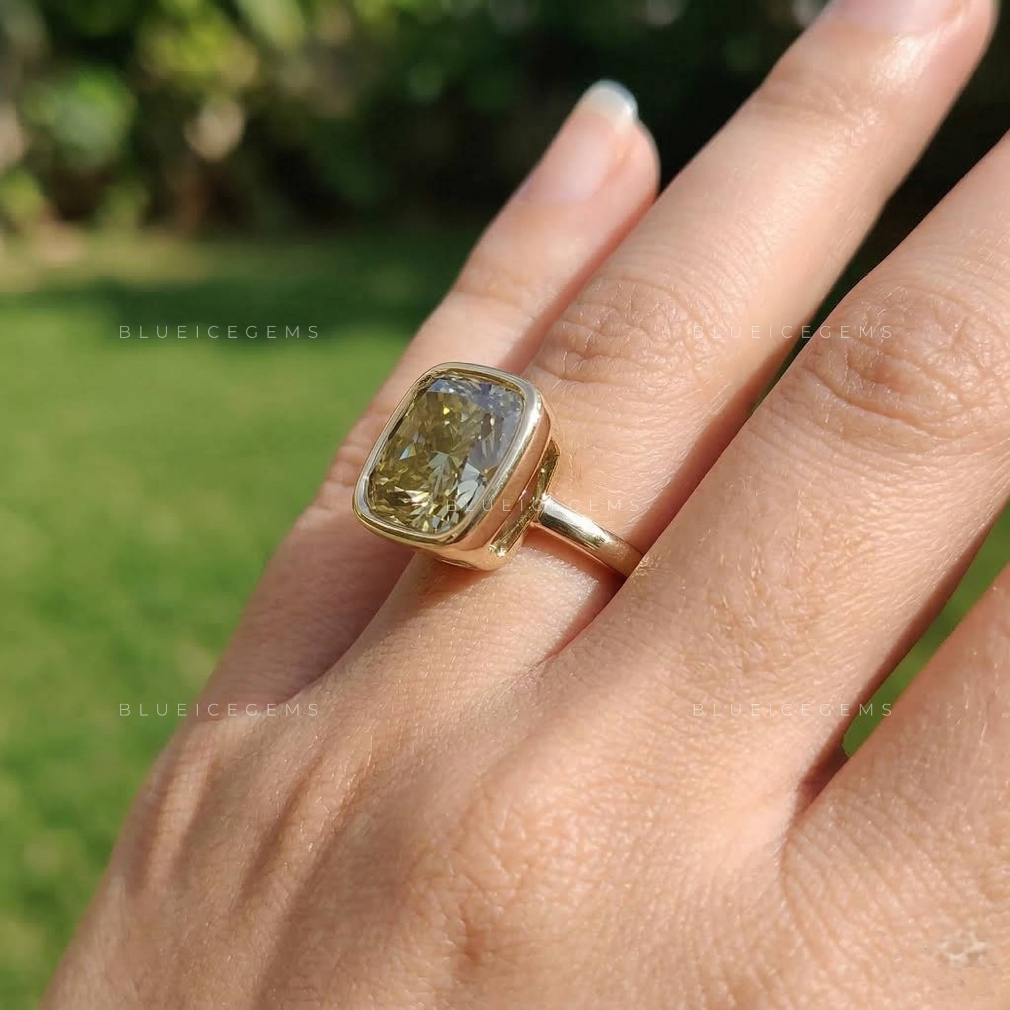 Golden Smoke Cushion Cut Bezel Set Solitaire Ring