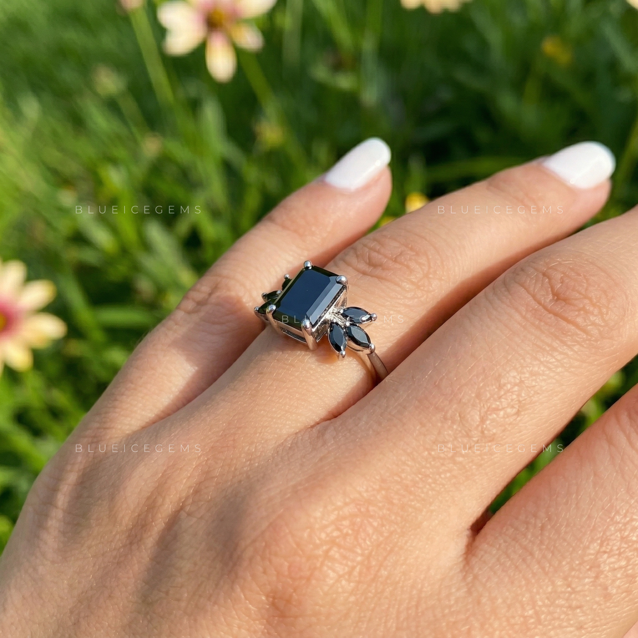 Midnight Noir Emerald Cut Black Diamond Nature-Inspired Ring