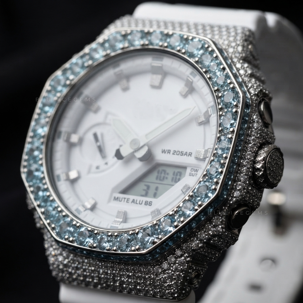 Aqua Frost Mirage Iced Watch – Blue Moissanite & White Resin