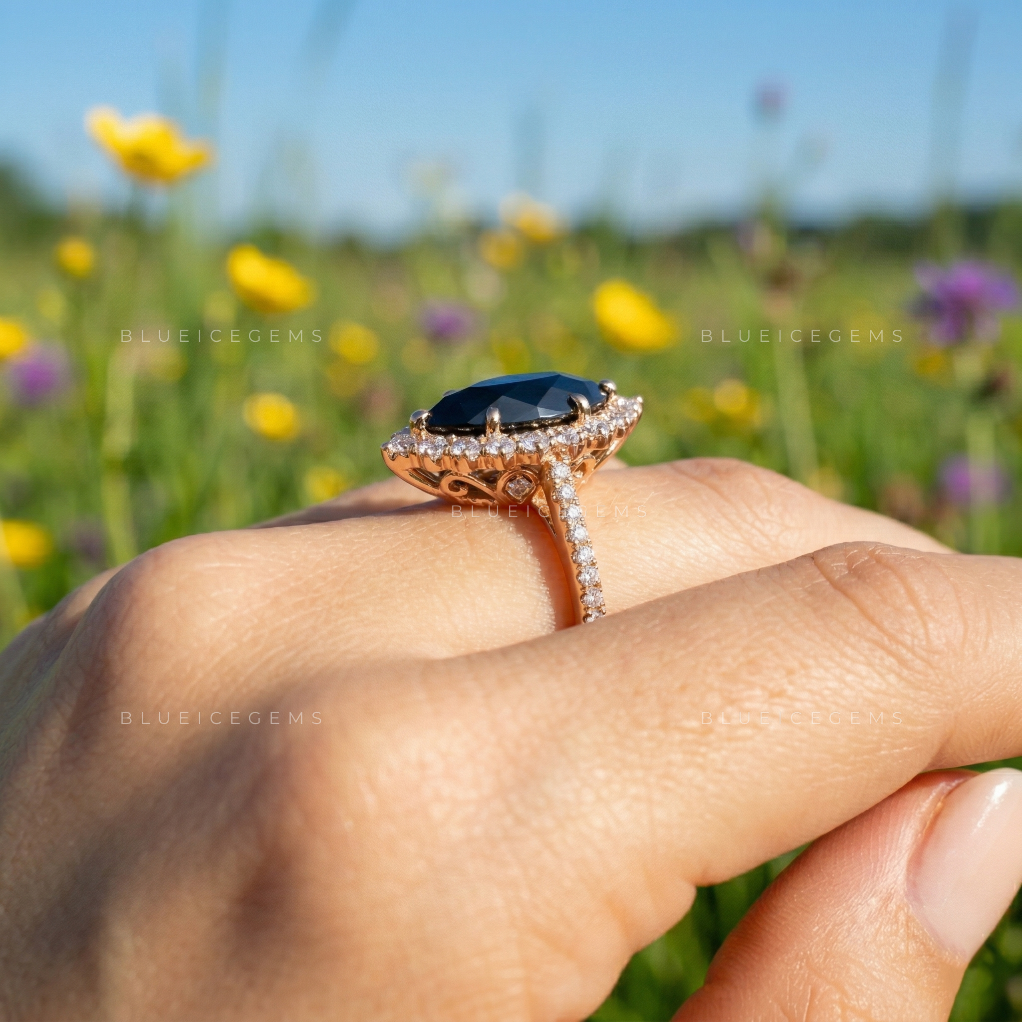 Midnight Botanical Marquise Flower Rose Cut Black Diamond Ring