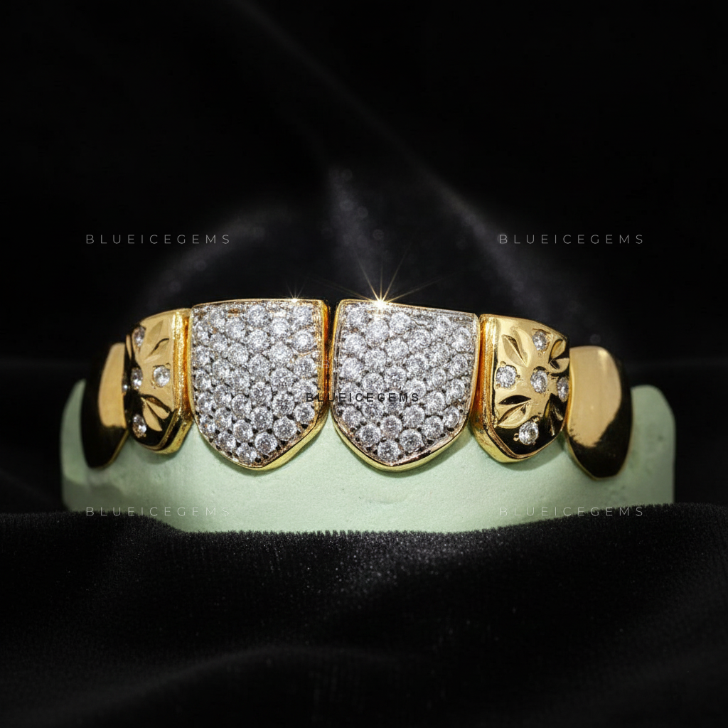 Floral Engraved Iced-Out Shield Grillz
