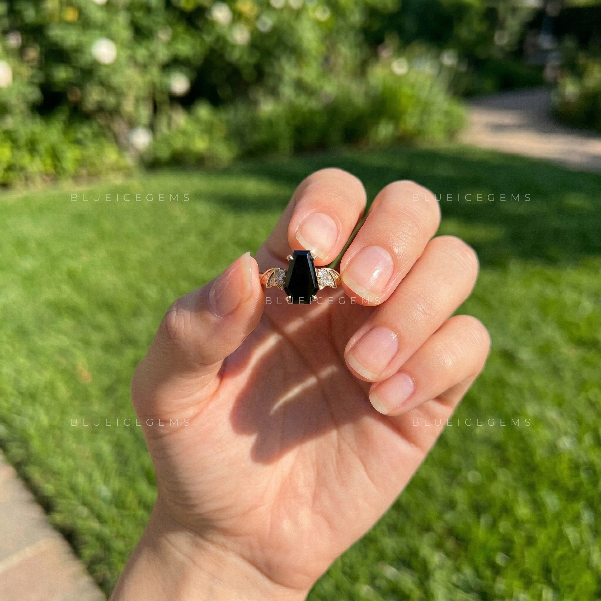 Midnight Noir Coffin Cut Black Moissanite Solitaire Accent Ring