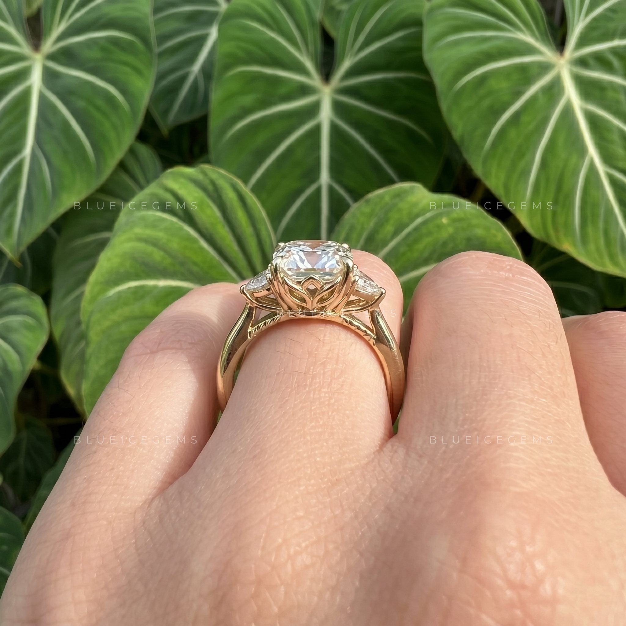 Radiant Symmetry Elongated Cushion Cut Trillion Three Stone Engagement Ring