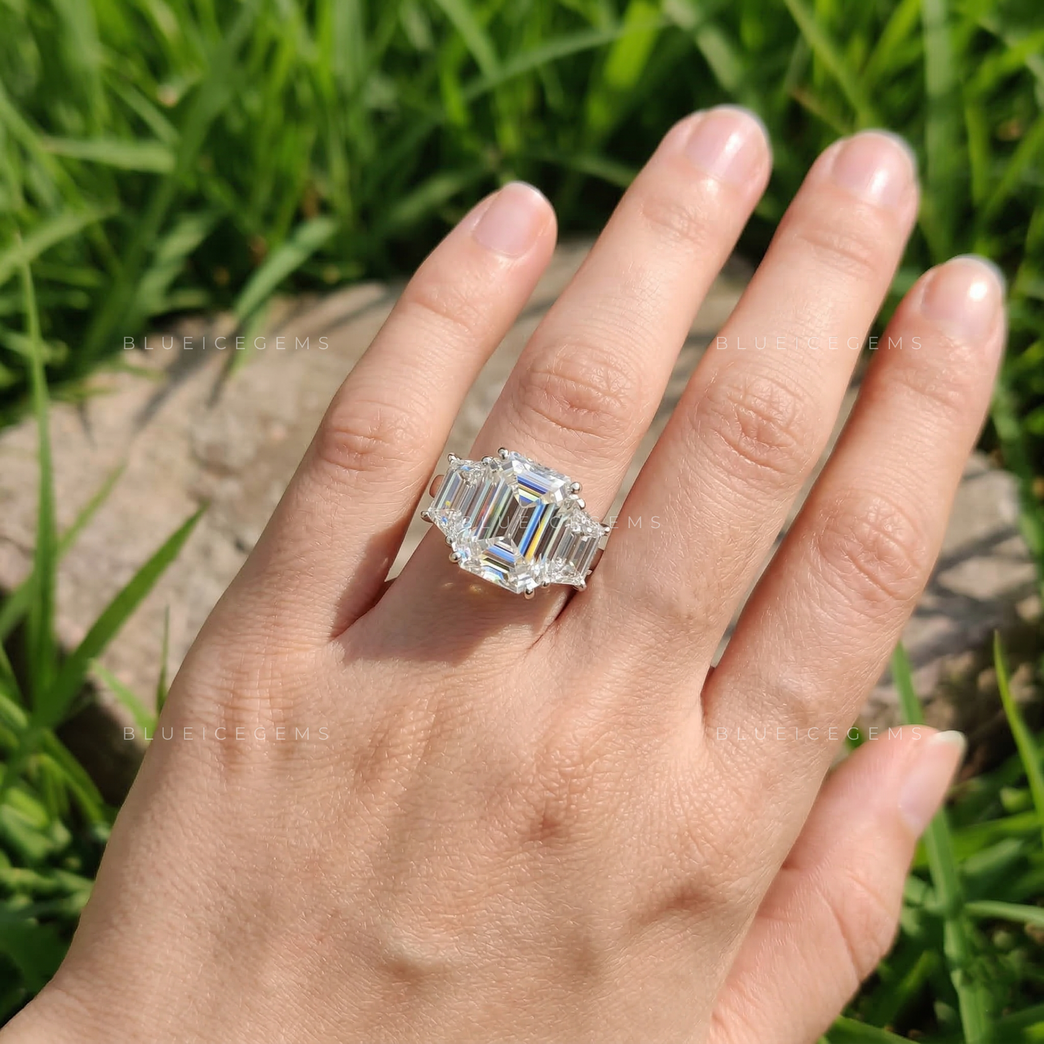 Art Deco Opulence Emerald Trapezoid Three Stone Ring