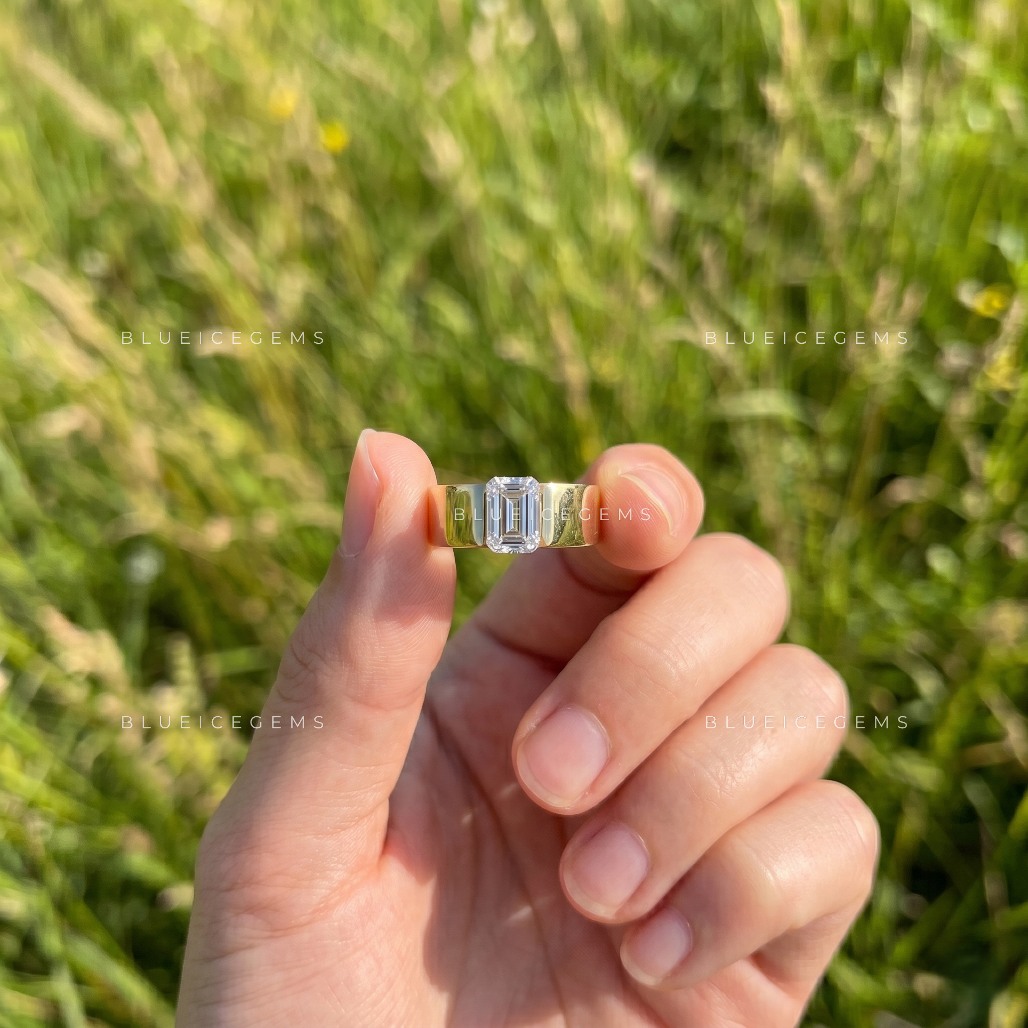 Geometric Splendor Emerald Cut Tension Engagement Ring