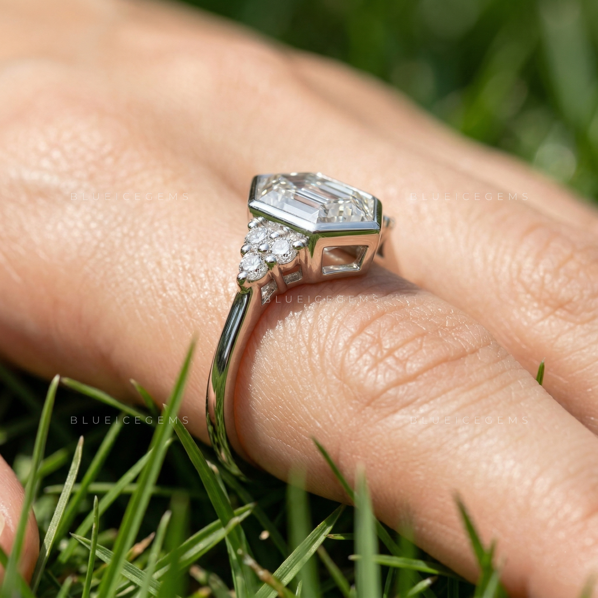 Architectural Sophistication Hexagon Step Cut Trilogy Engagement Ring
