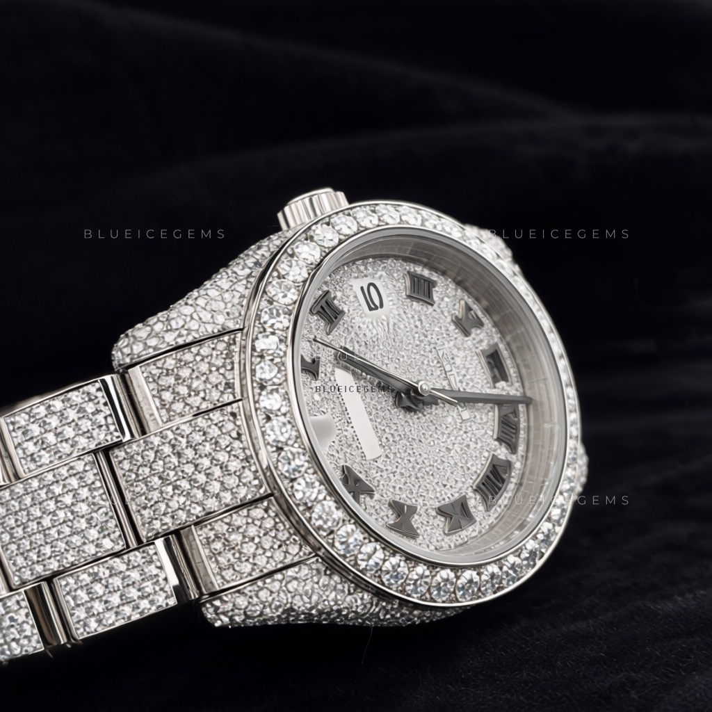 Sterling Frost: Fully Iced-Out Custom Roman Moissanite & Diamond Watch