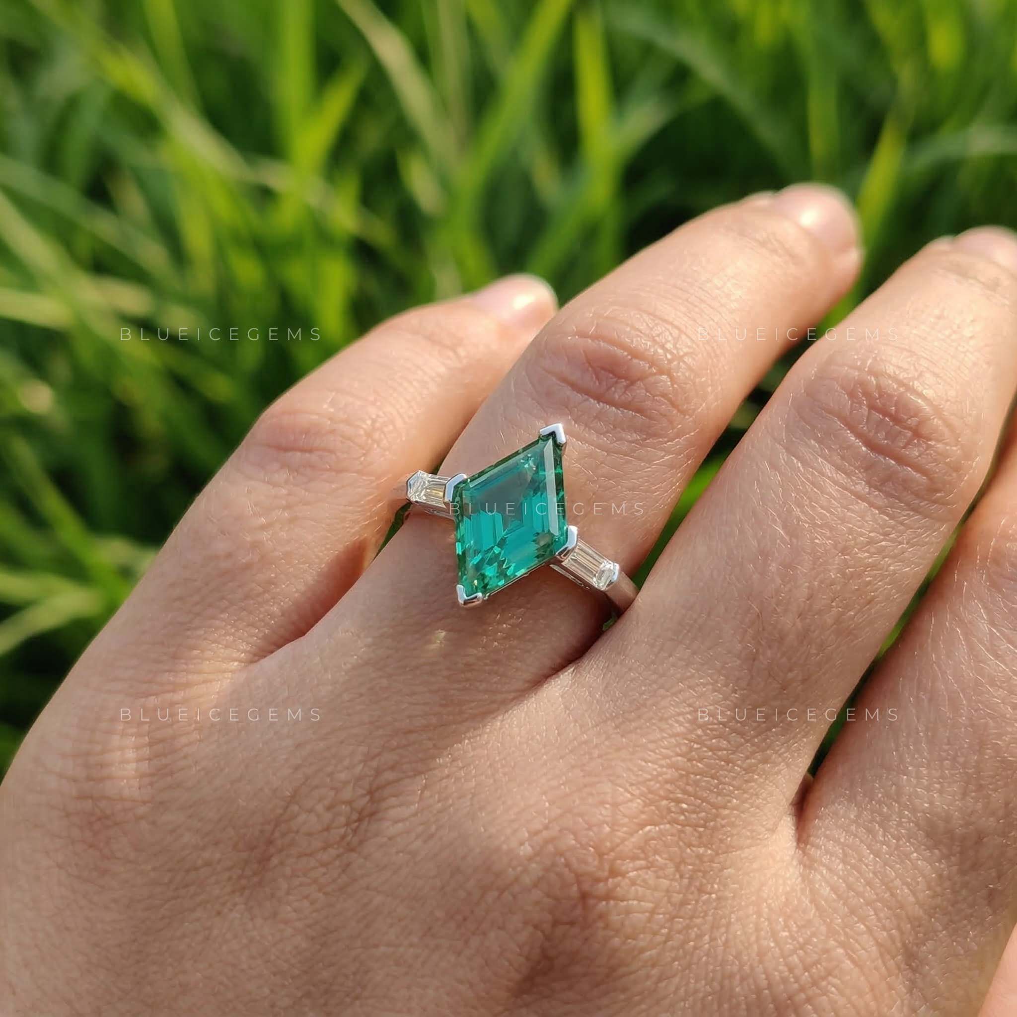 Mystic Forest Lozenge Cut Baguette Three Stone Ring