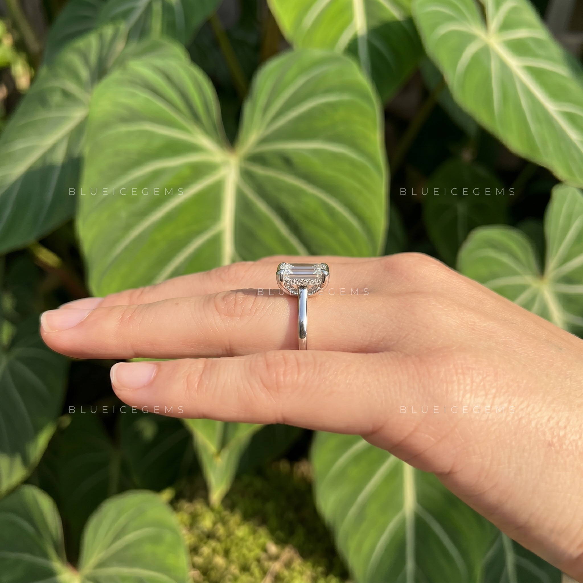Modern Minimalist Emerald Cut Half Bezel Solitaire Engagement Ring