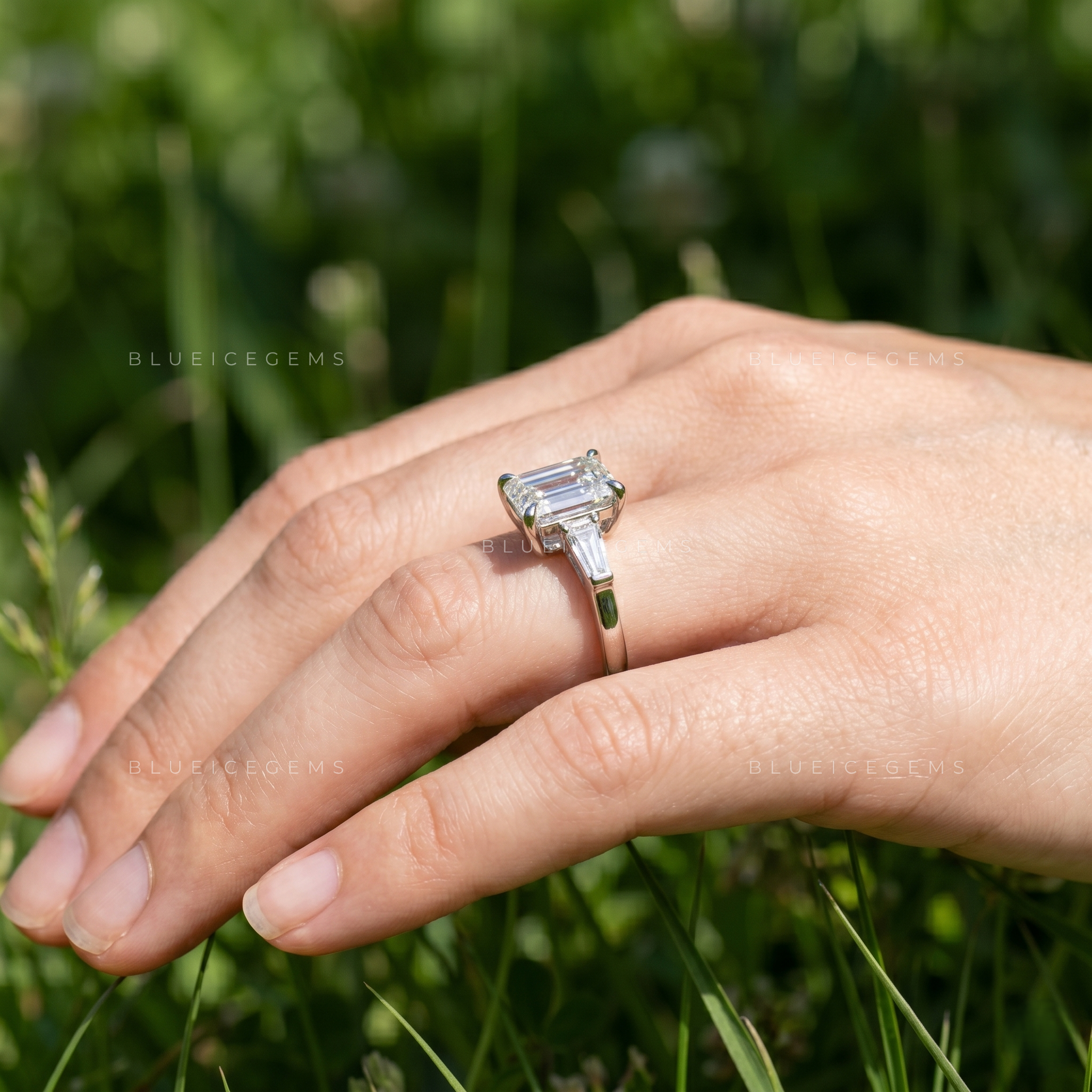 Emerald Cut Trilogy Engagement Ring with Tapered Baguettes
