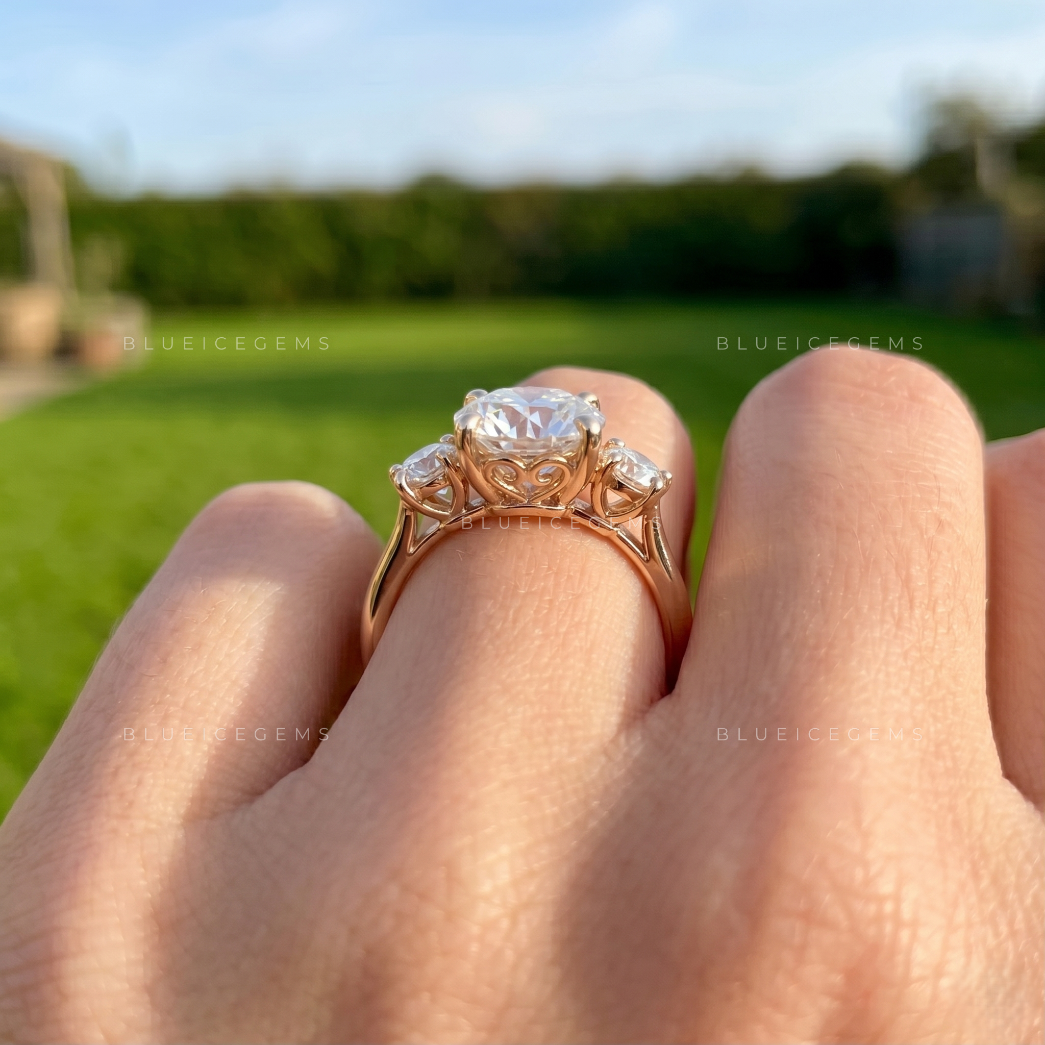 Radiant Three-Stone Round Brilliant Cut Heirloom Engagement Ring