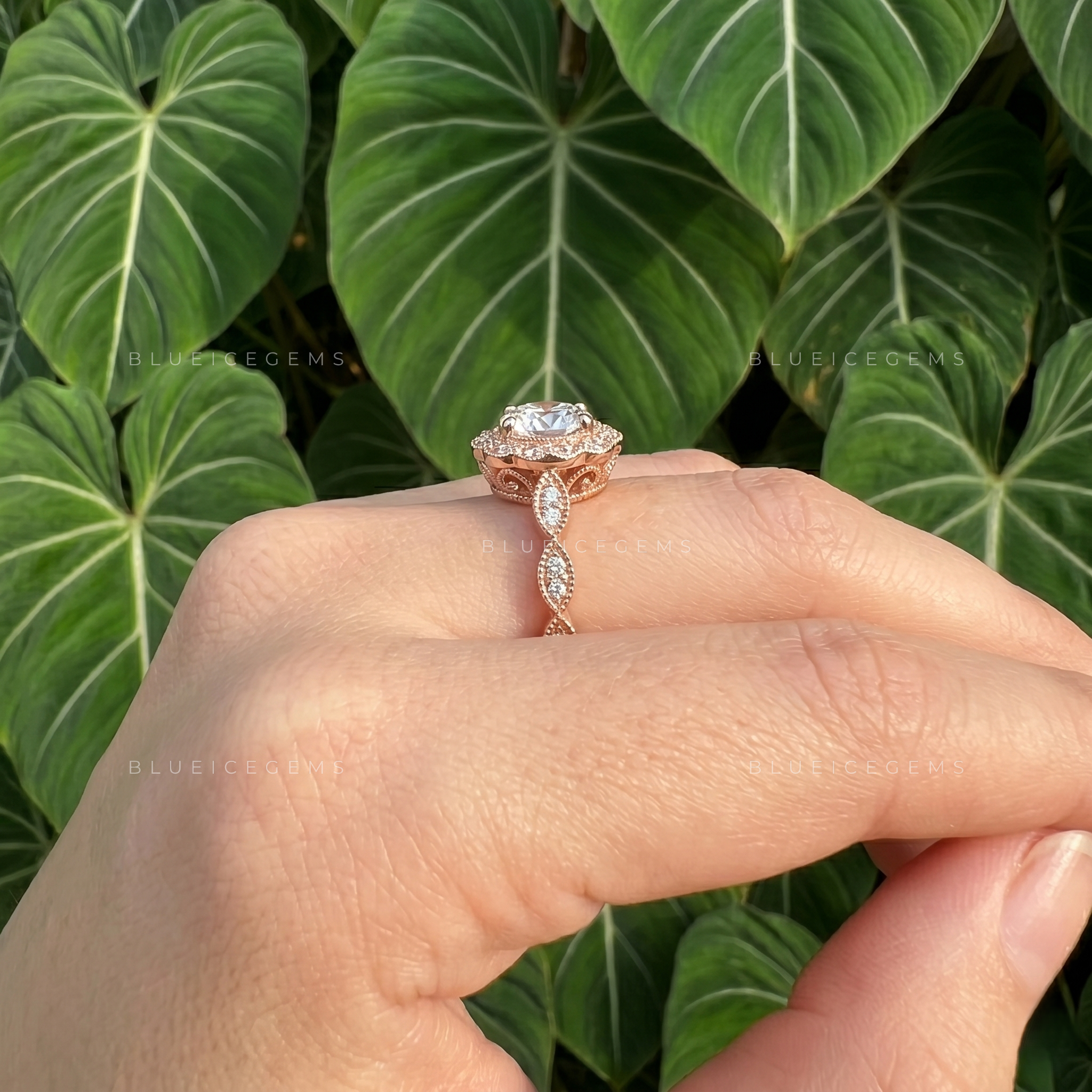 Art Deco Round Cut Halo Cathedral Engagement Ring