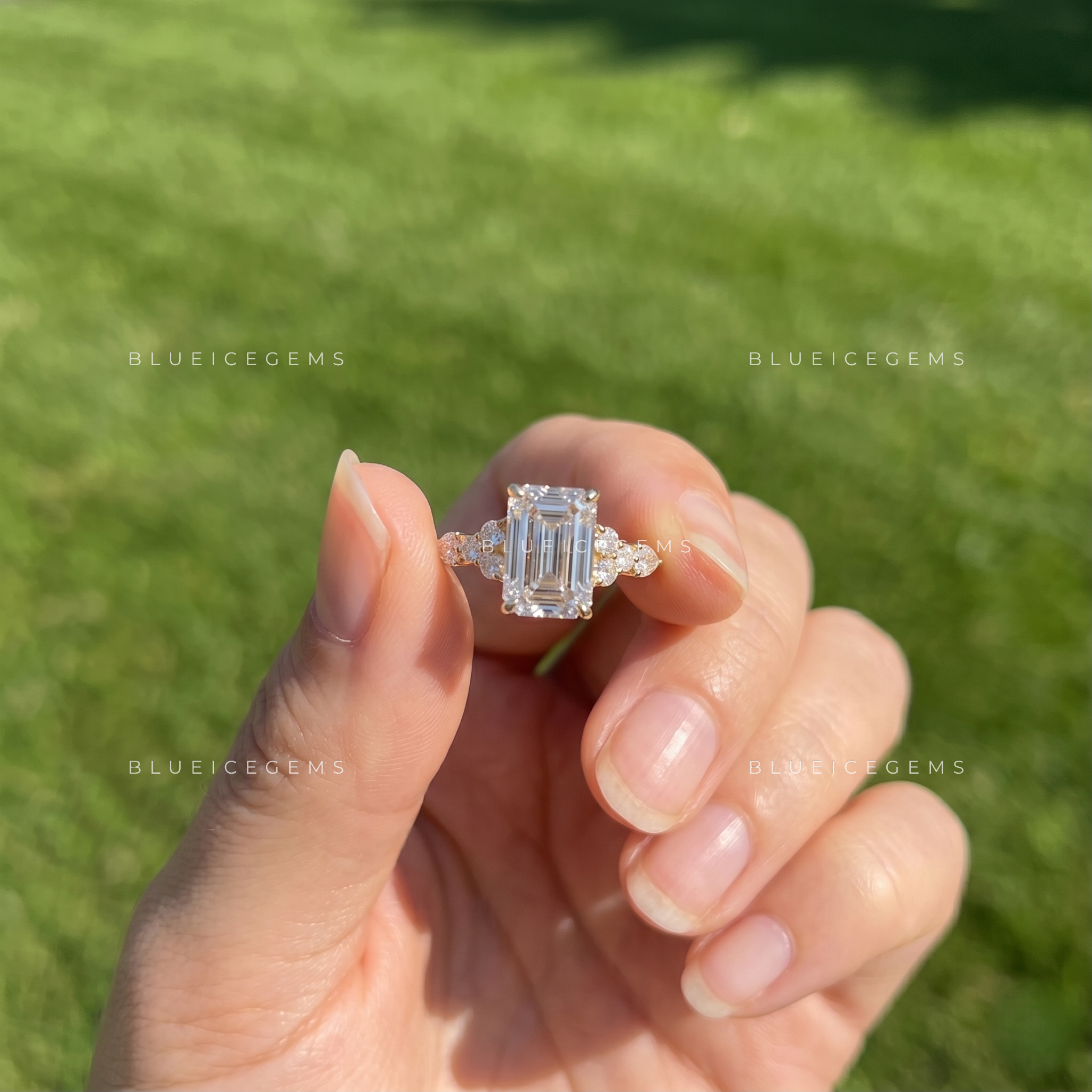 Regal Horizon Emerald Cut Cluster Engagement Ring