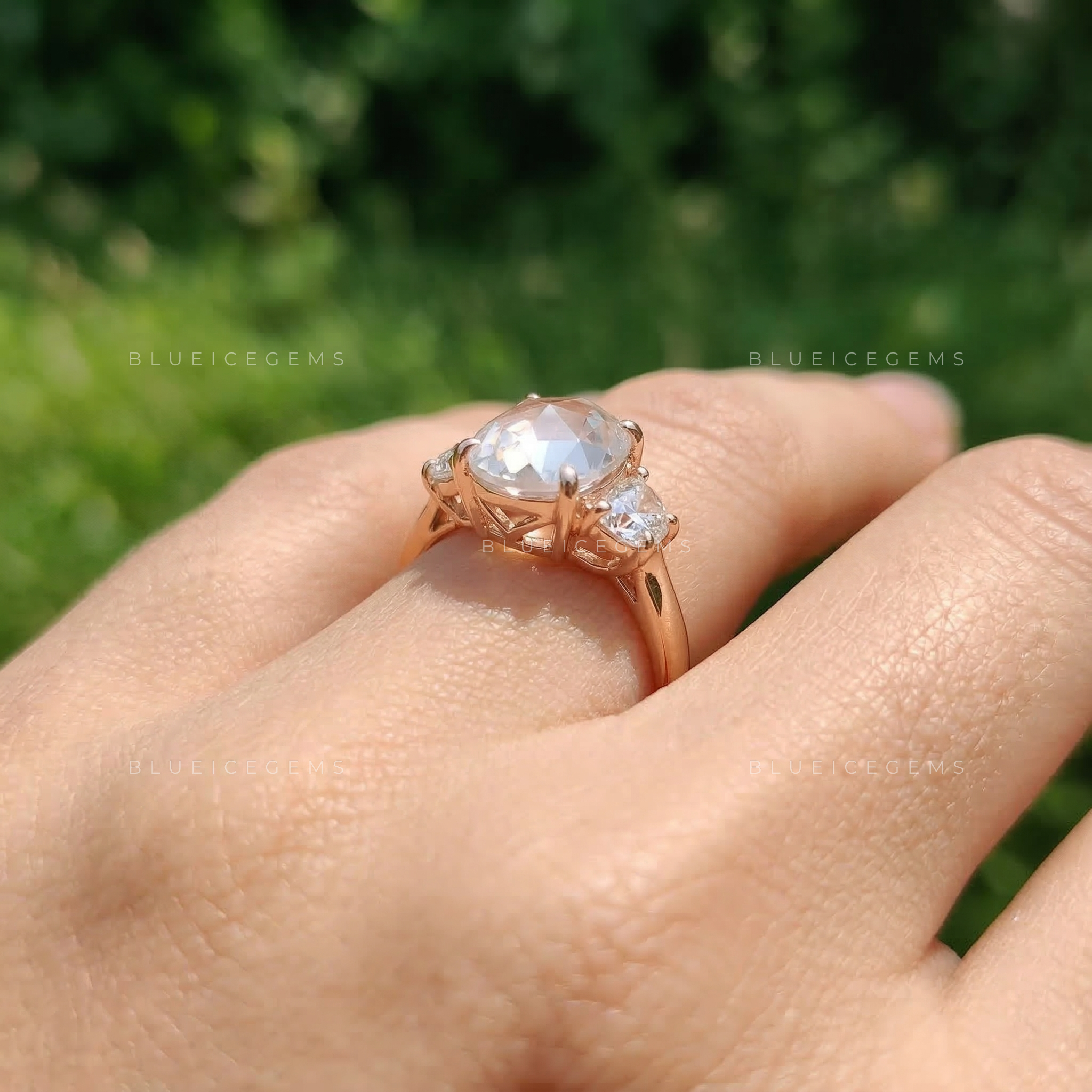 Vintage Oval Rose Cut Half Moon Trilogy Ring