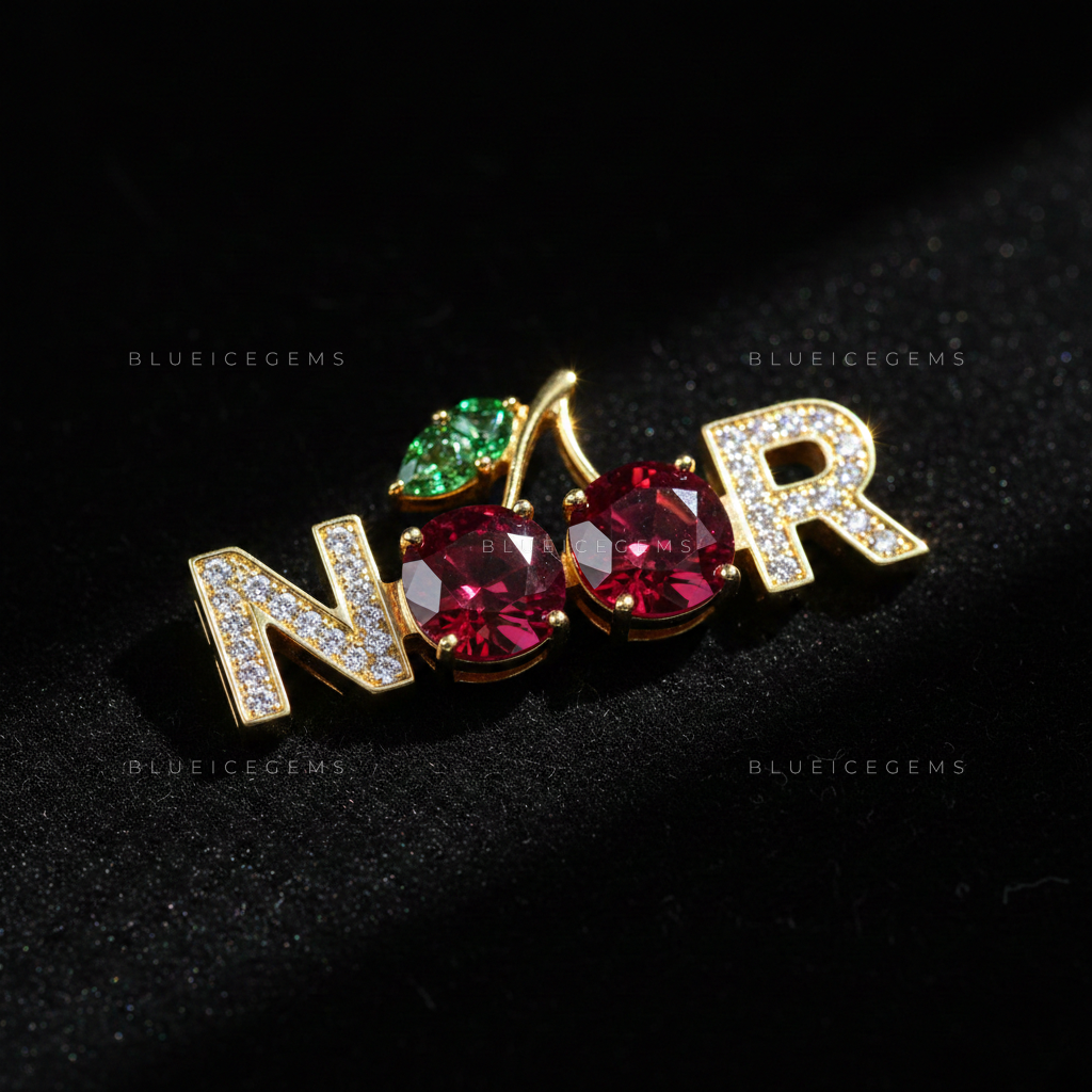 The "NOOR" Cherry Blossom: Crimson Garnet & Emerald Leaf Nameplate