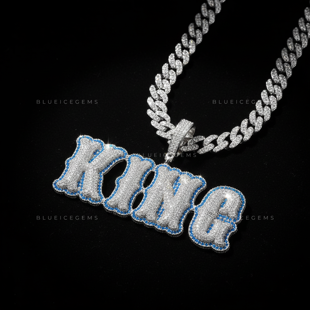 The "KING" Azure Sovereign: Electric Blue Halo & 3D Bubble Script Pendant