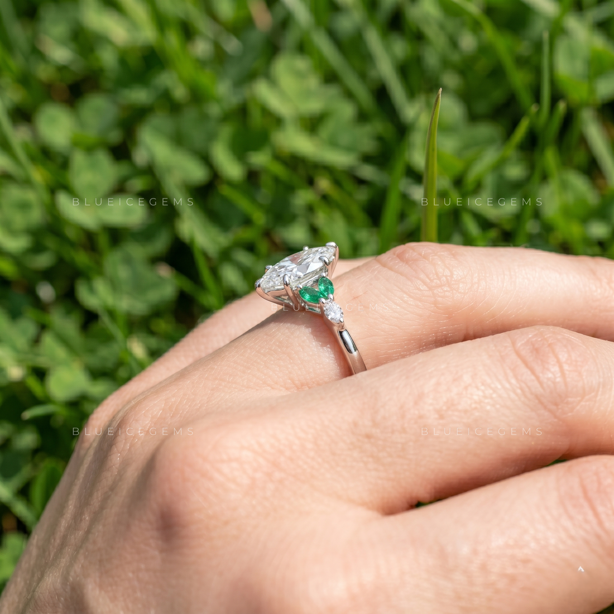 Enchanting Marquise Cut Botanical Inspired Gemstone Trilogy Ring