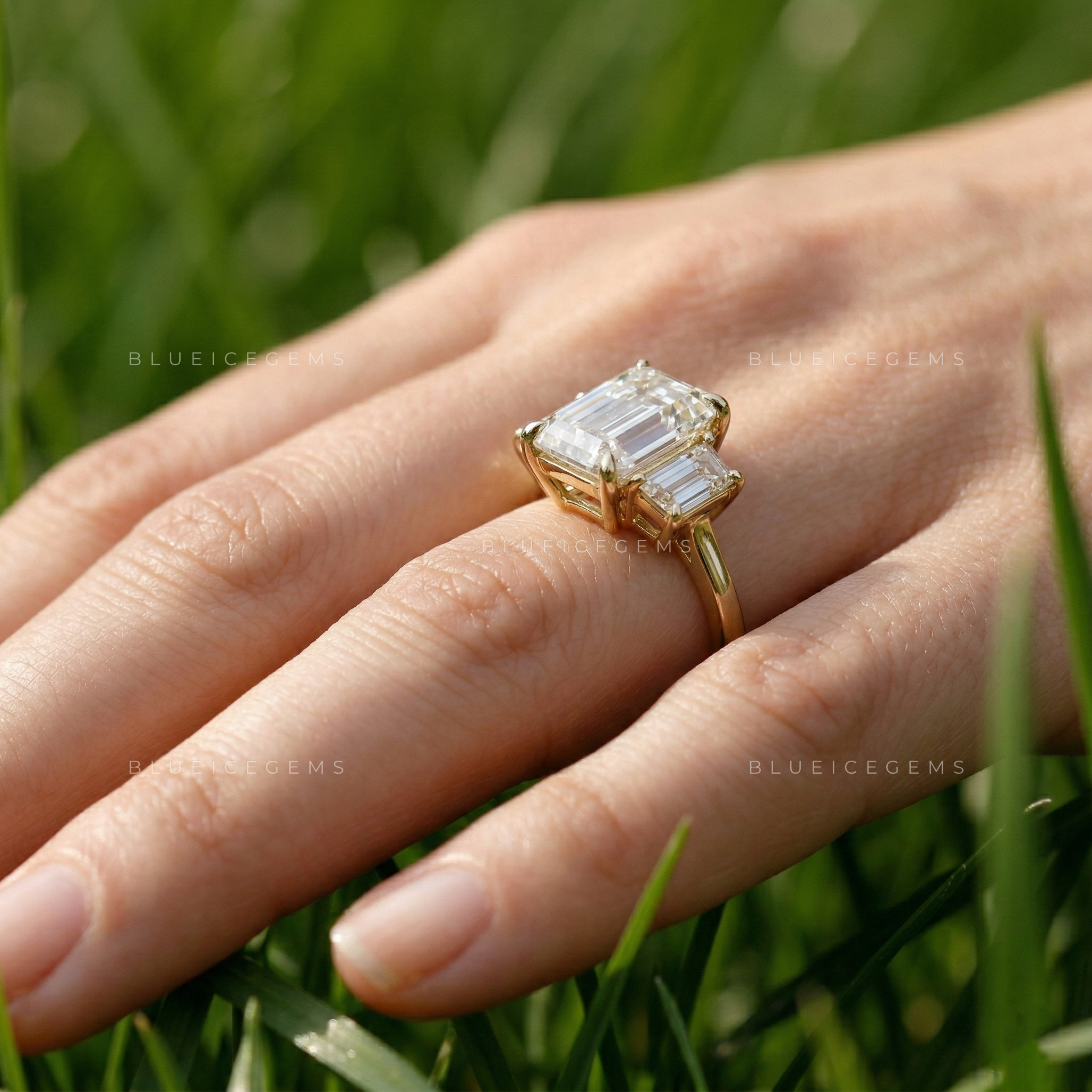 Architectural Elegance Emerald and Trapezoid Cut Trilogy Ring