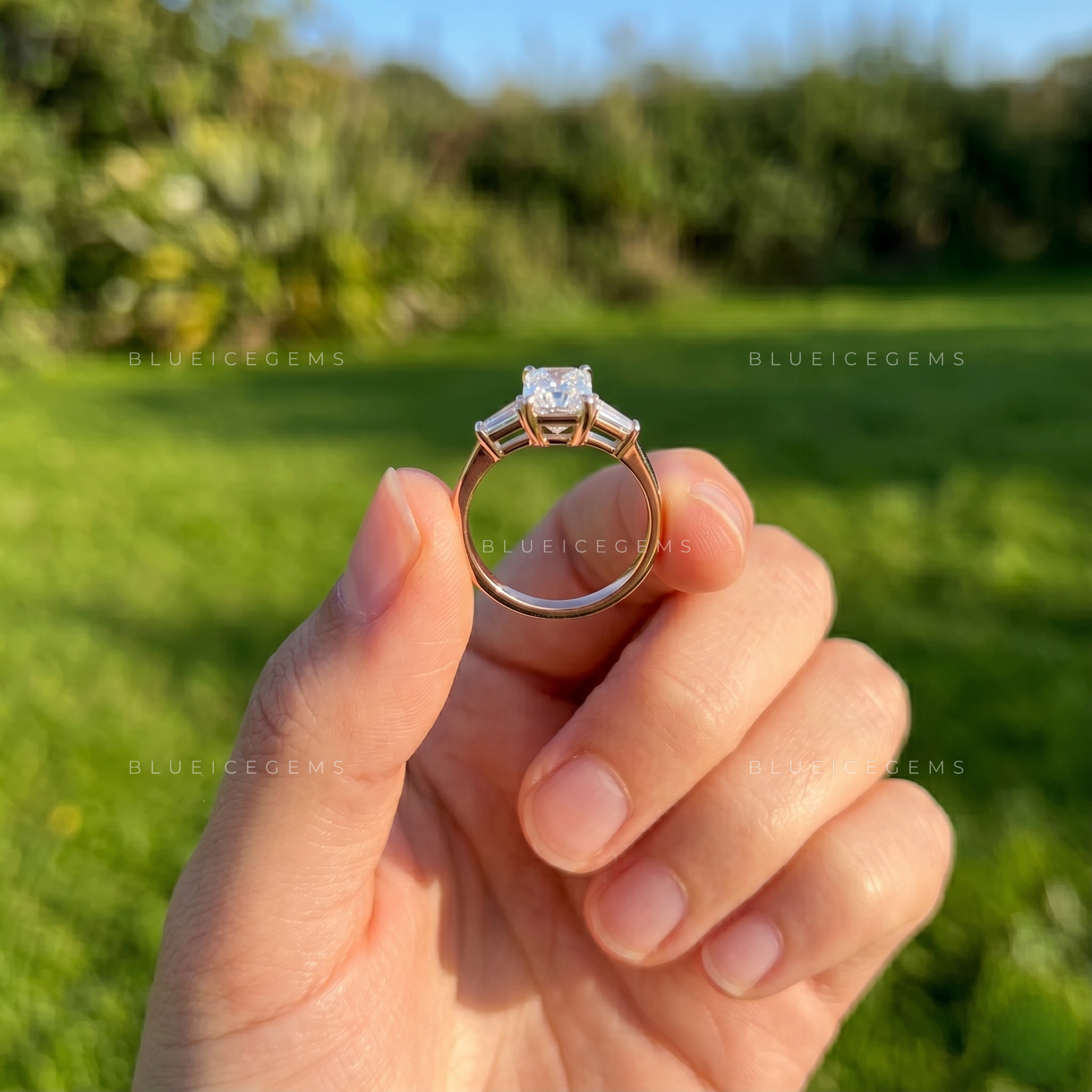 Timeless Splendor Radiant Cut Trilogy Engagement Ring Sophisticated Tapered Baguette Three Stone Anniversary Band