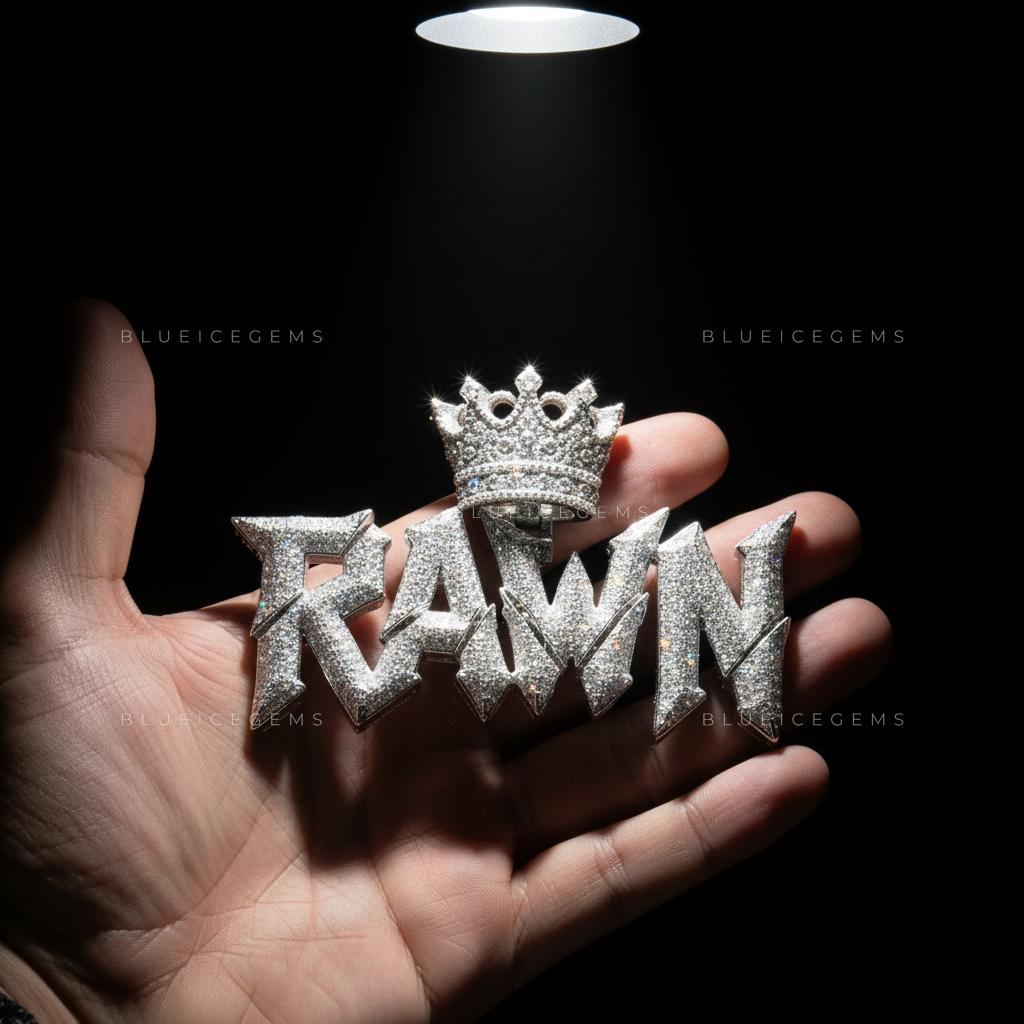 "RAWN" Custom Sharp-Script Iced-Out Pendant with Crown