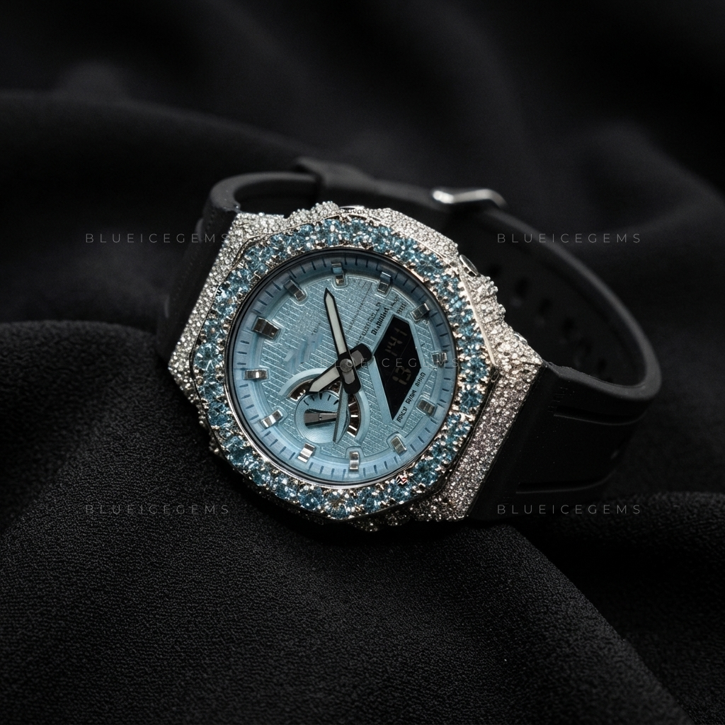 Arctic Azure Royale Watch – Aqua Blue CZ & White Moissanite