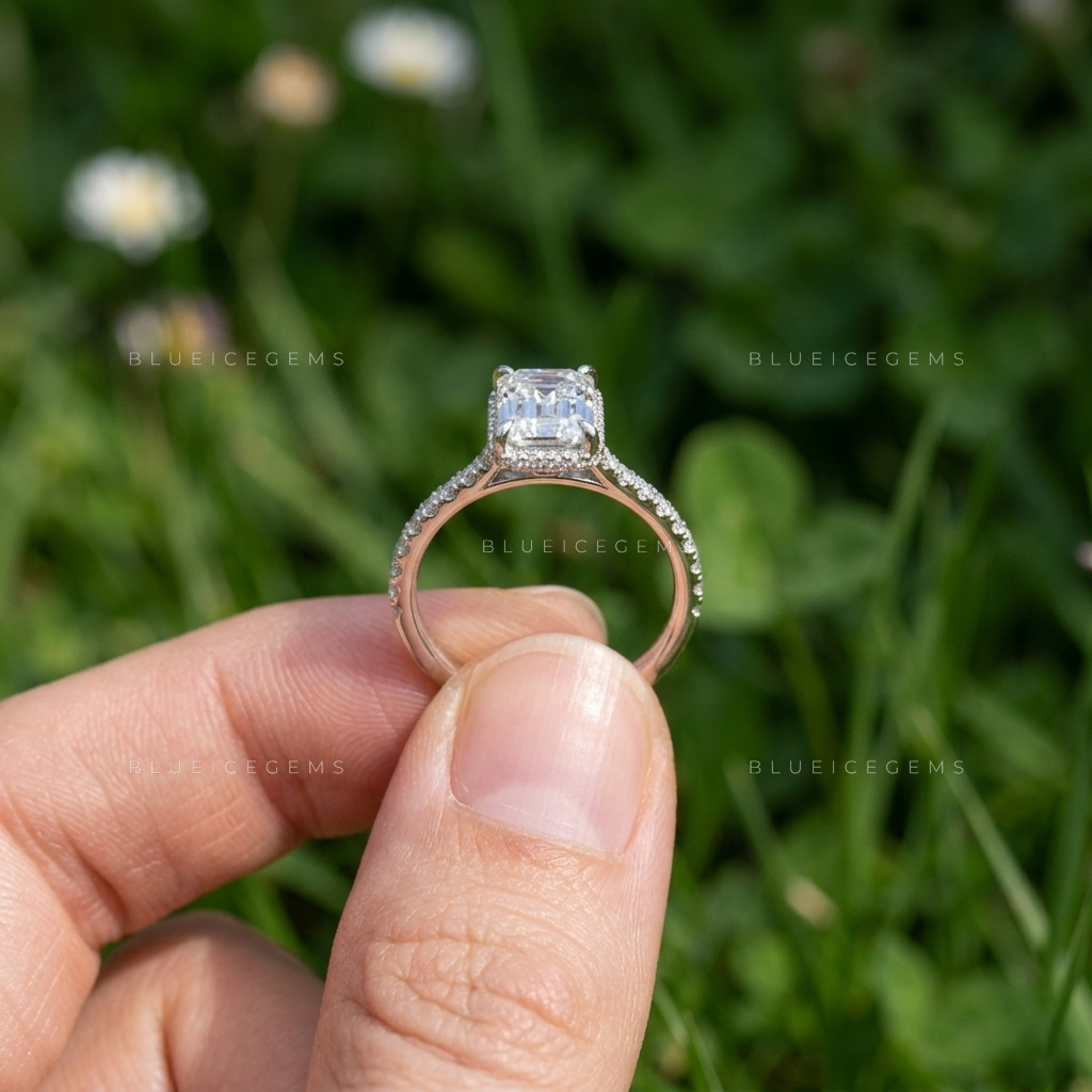 Emerald-Cut Cathedral Setting Pave Accented Engagement Ring