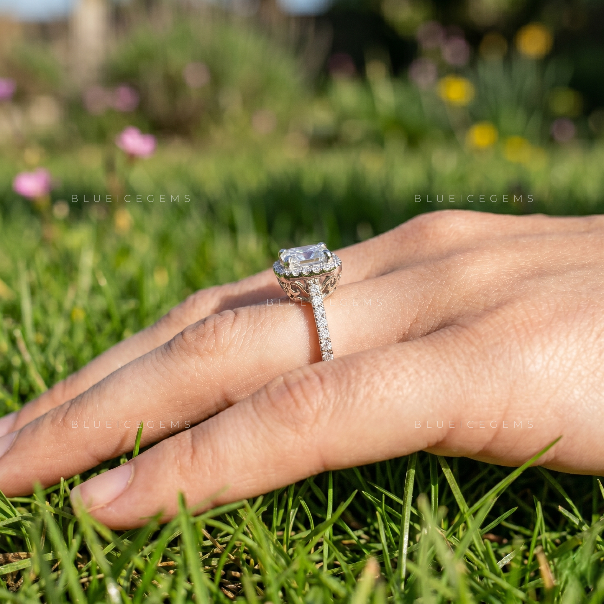 Dazzling Princess Cut Halo Statement Ring with Pave Accents