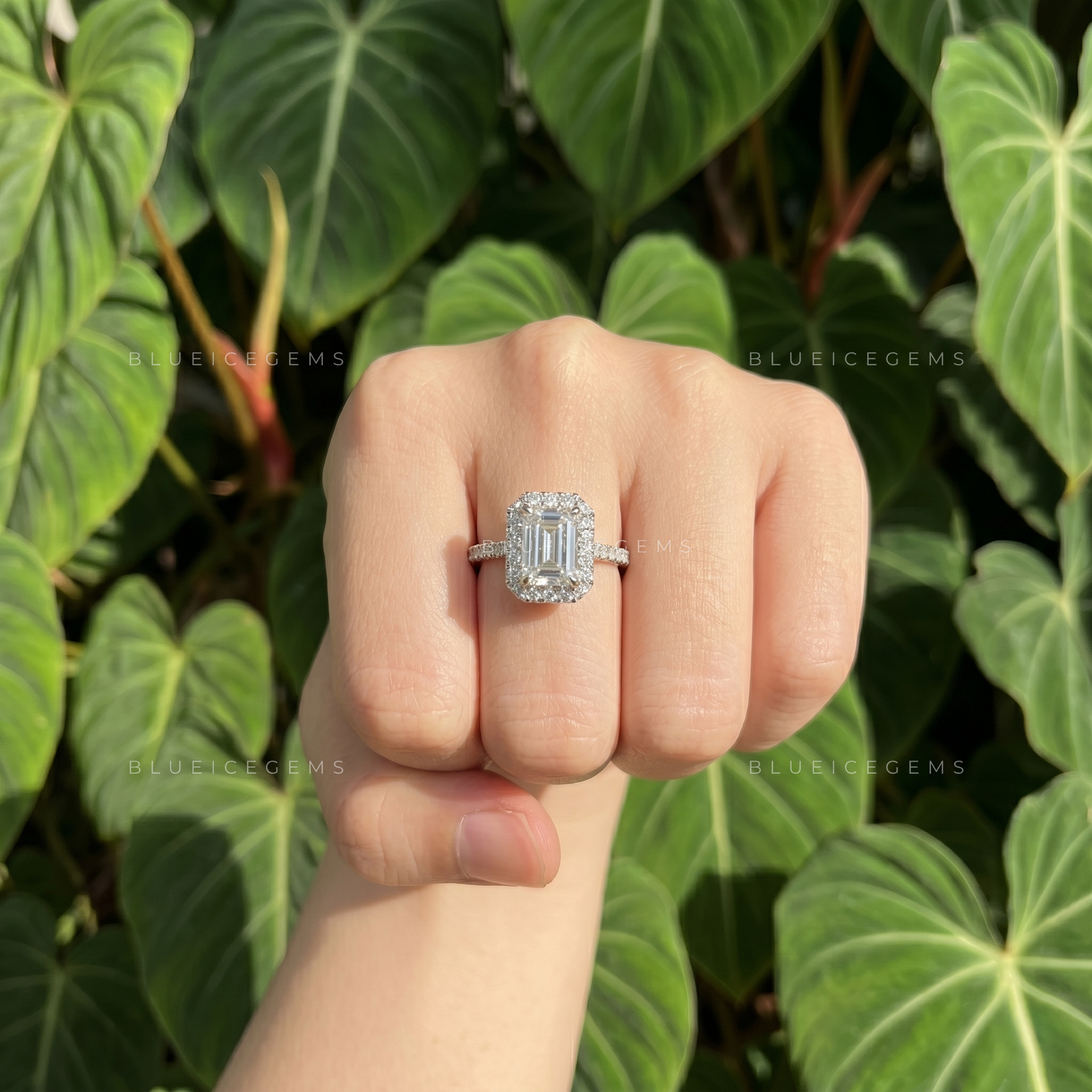 Opulent Harmony Emerald Cut Halo Engagement Ring with Pavé Band