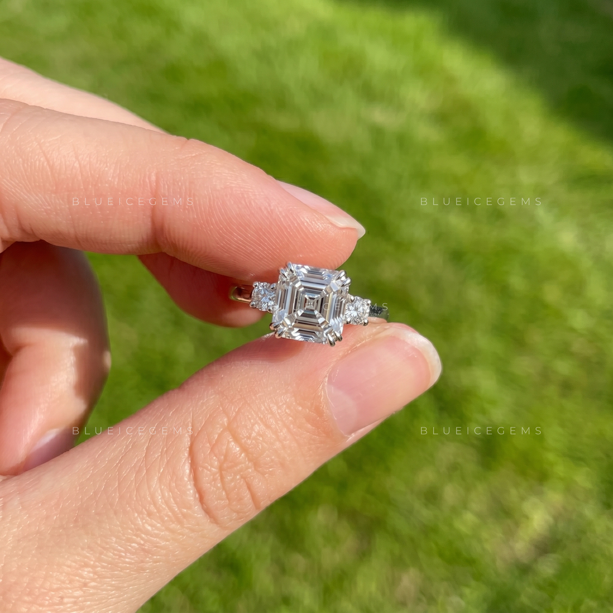 Grand Horizon Asscher Cut Three Stone Engagement Ring