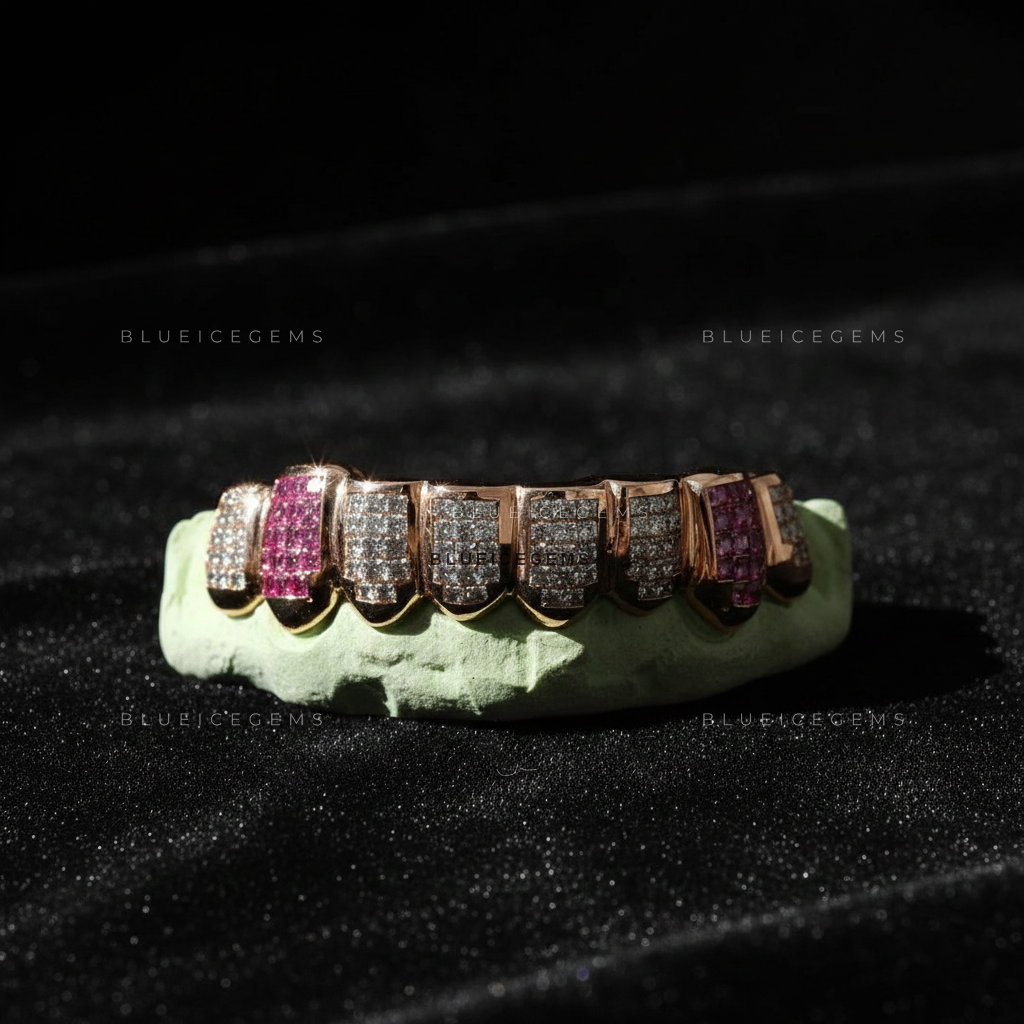Rose Gold Pink Sapphire & Diamond Block Grillz