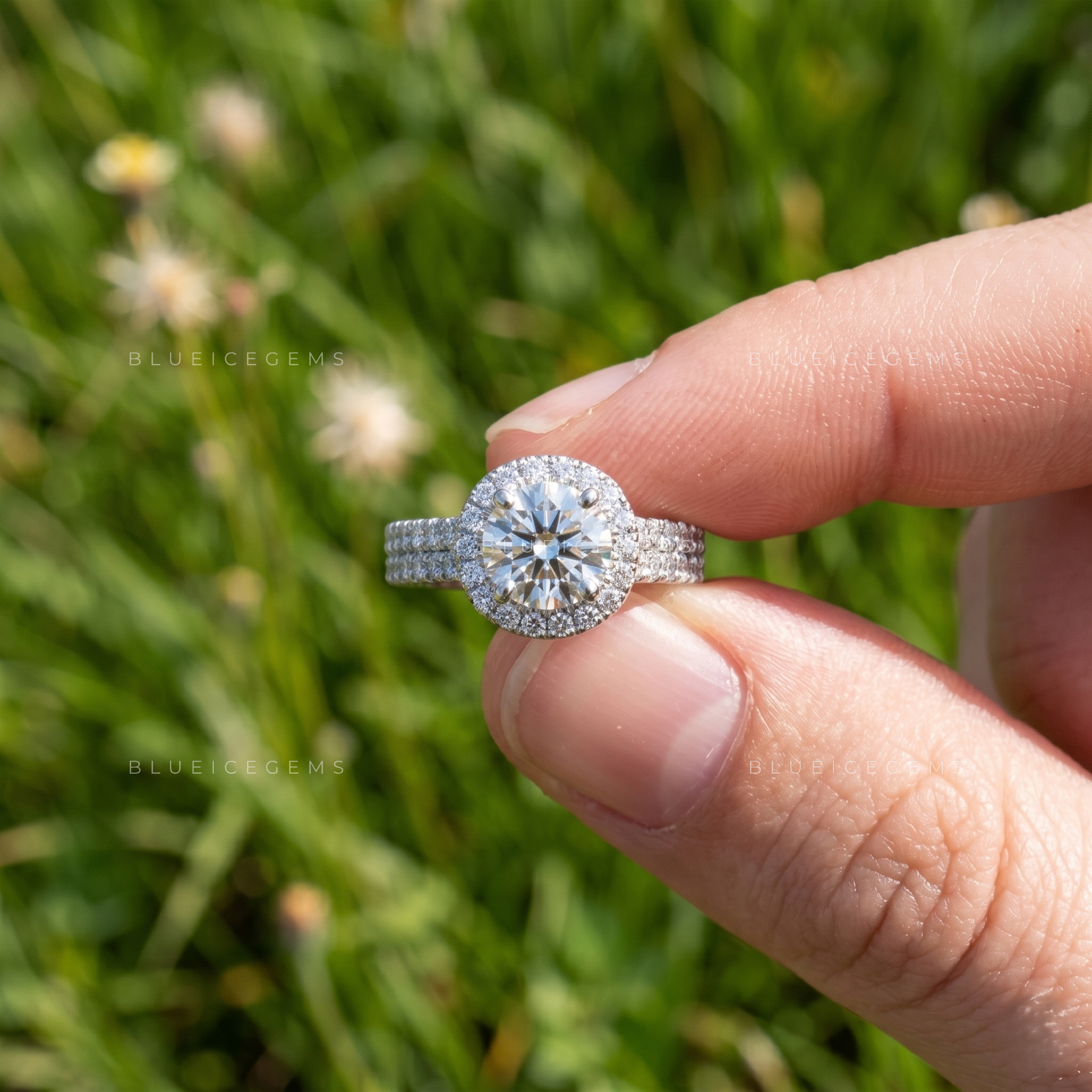 Majestic Splendor Round Brilliant Cut Halo Double Row Pave Engagement Ring