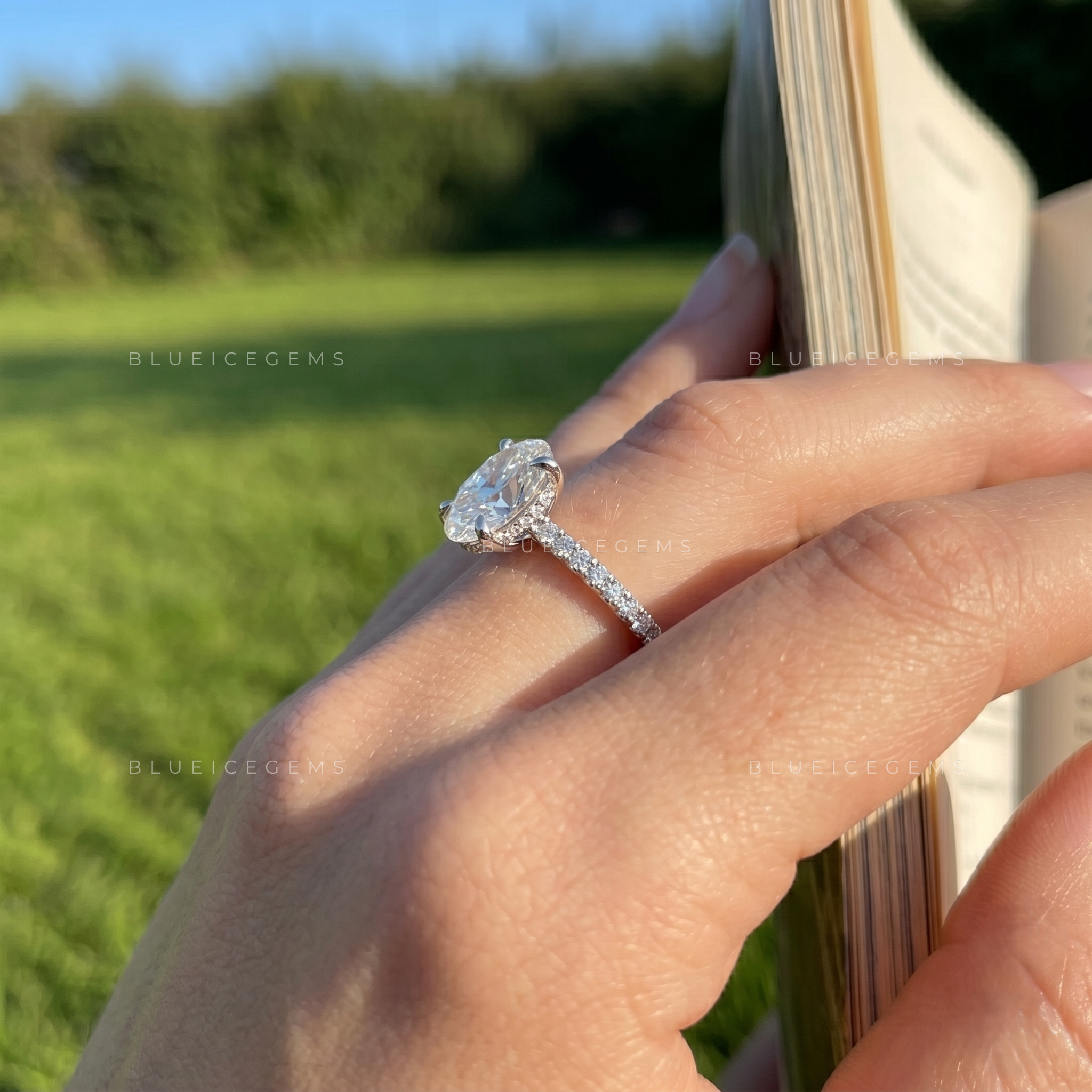 Radiant Oval Brilliant Cut Solitaire Ring with Sparkling Pave Accents