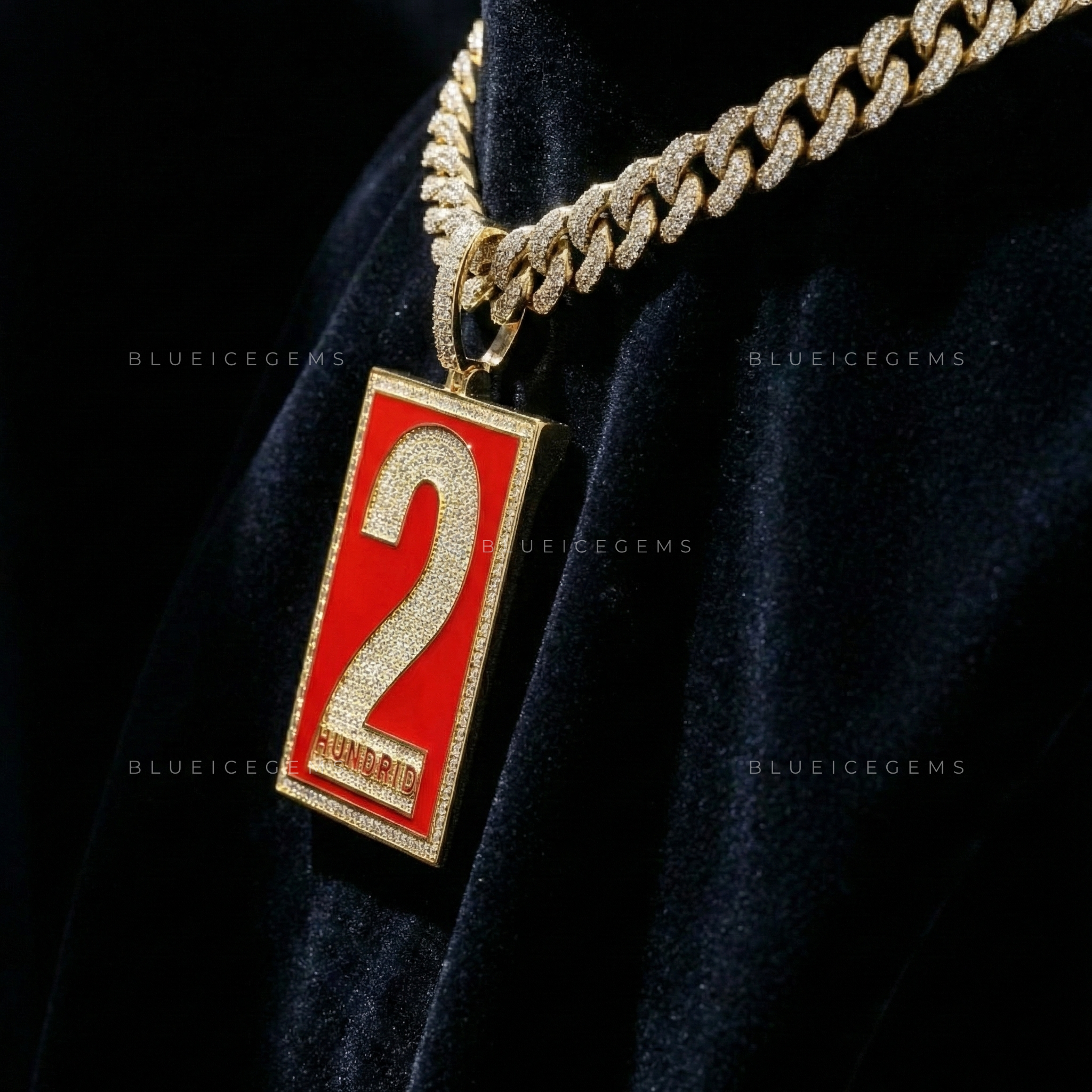 The "2 HUNDRID" Crimson Tablet: Enamel Mosaic & Iced-Out Numerology Pendant