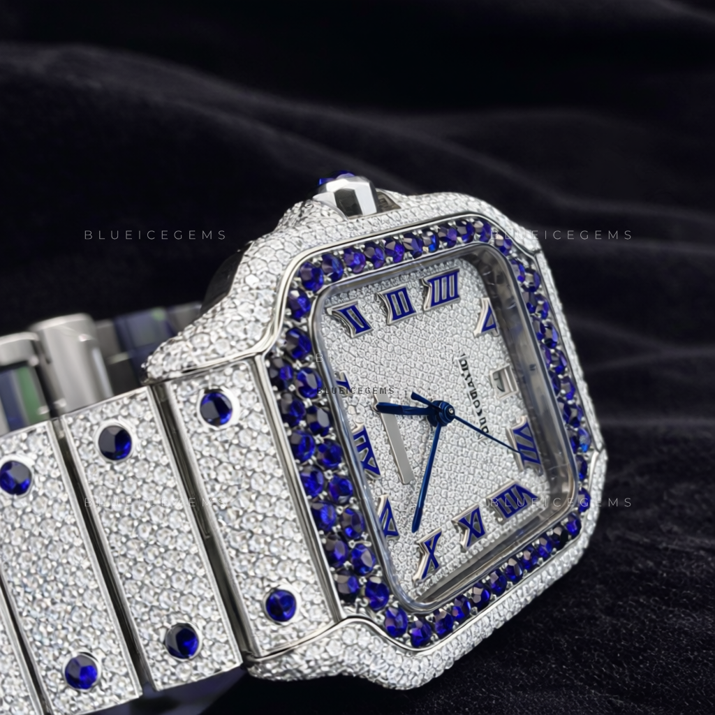 Midnight Sapphire: Fully Iced-Out Custom Moissanite & Diamond Watch