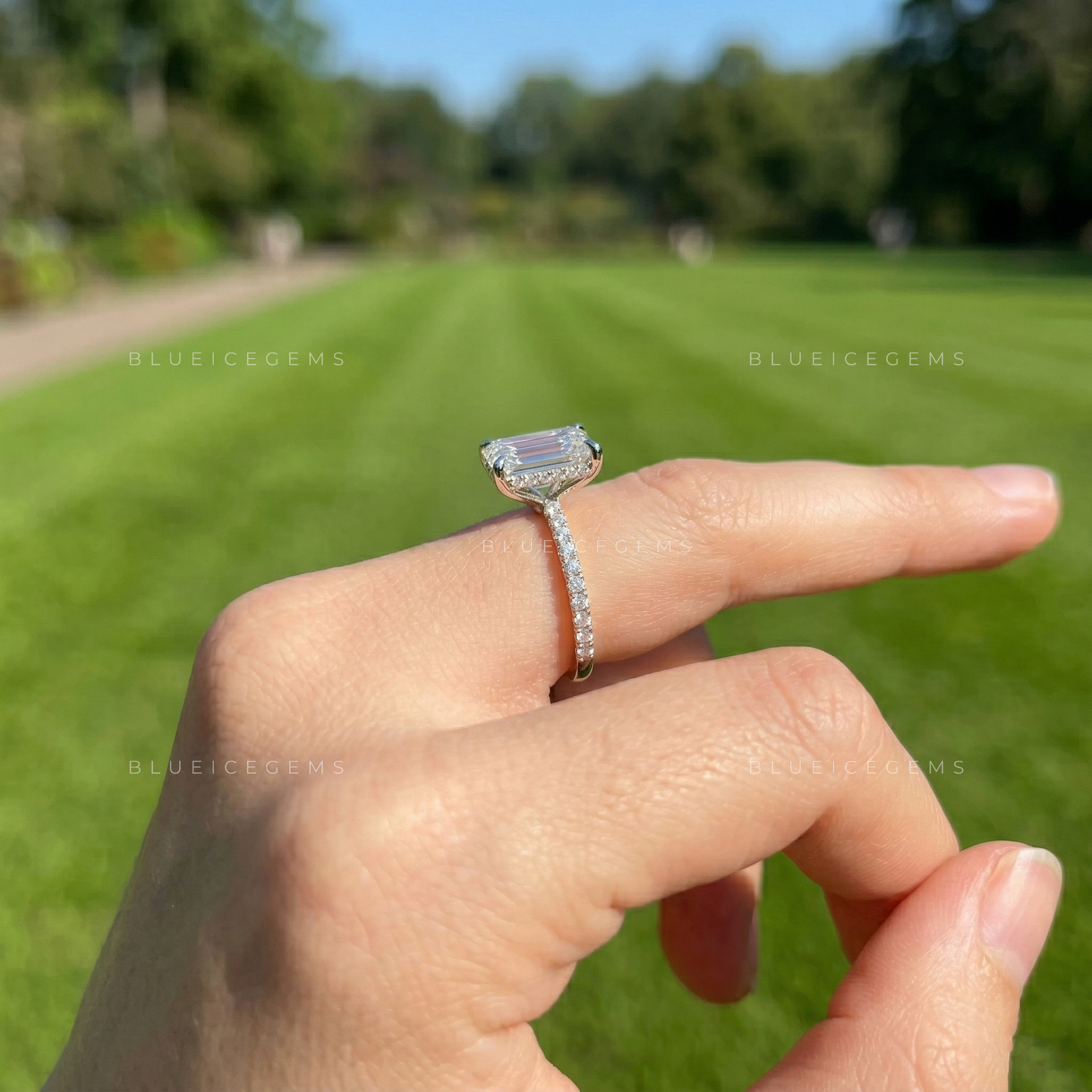 Celestial Radiance Emerald Cut Lab-Grown Diamond Hidden Halo Ring
