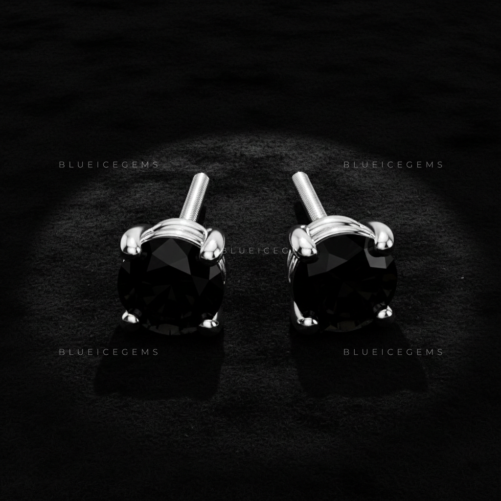 The Noir Radiance: Round Black Diamond Stud Earrings