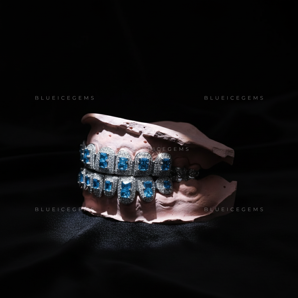 Oceanic Frost Aquamarine Shield Full-Set Grillz